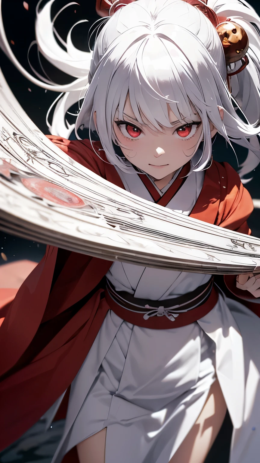 Japanese shrine maiden, girl, shrine, mysterious, human, shrine maiden clothes, short and slender person, standing, white skin, white skin, long black hair, red eyes, crazy smile, beautiful face, night, Beautiful face, white and red clothes, beautiful limbs, tamagushi, white jacket, sleeves, white gloves, traditional clothes, red skirt, black moon, red moon, looking at the viewer, intimidating gaze, (cinematic angle:1.2), drawing style, dynamic light, ultra detail, extremely detailed CG, micro intricate, highly detailed skin, highly detailed face, highly detailed pupils, highly detailed iris, RAW photo, best quality, high resolution, ((masterpiece)), realistic, sharp focus, HDR, 8K resolution, intricate detail, sophisticated detail, hyper detailed, (depth of field), highlight and shadow, volumetric lighting, highly detailed background, by Kentaro Miura:1.1, comicbookpencils:0.9, greyscale(line art:1.1)