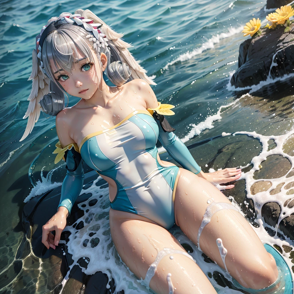 score_9, score_8 up, score_7 up, masterpiece, best quality, highly detailed, 1girl, solo, adult, yellow board short swimsuit, silver hair, curly hair, teal eyes, head wings, hair between eyes, yellow ornamental flower, medium hair, highres, breast, medium breast, water, outdoors, wet, wet clothes, skin tight, wet swimsuit, beach, innocent, beautiful, laying on her side, full body view