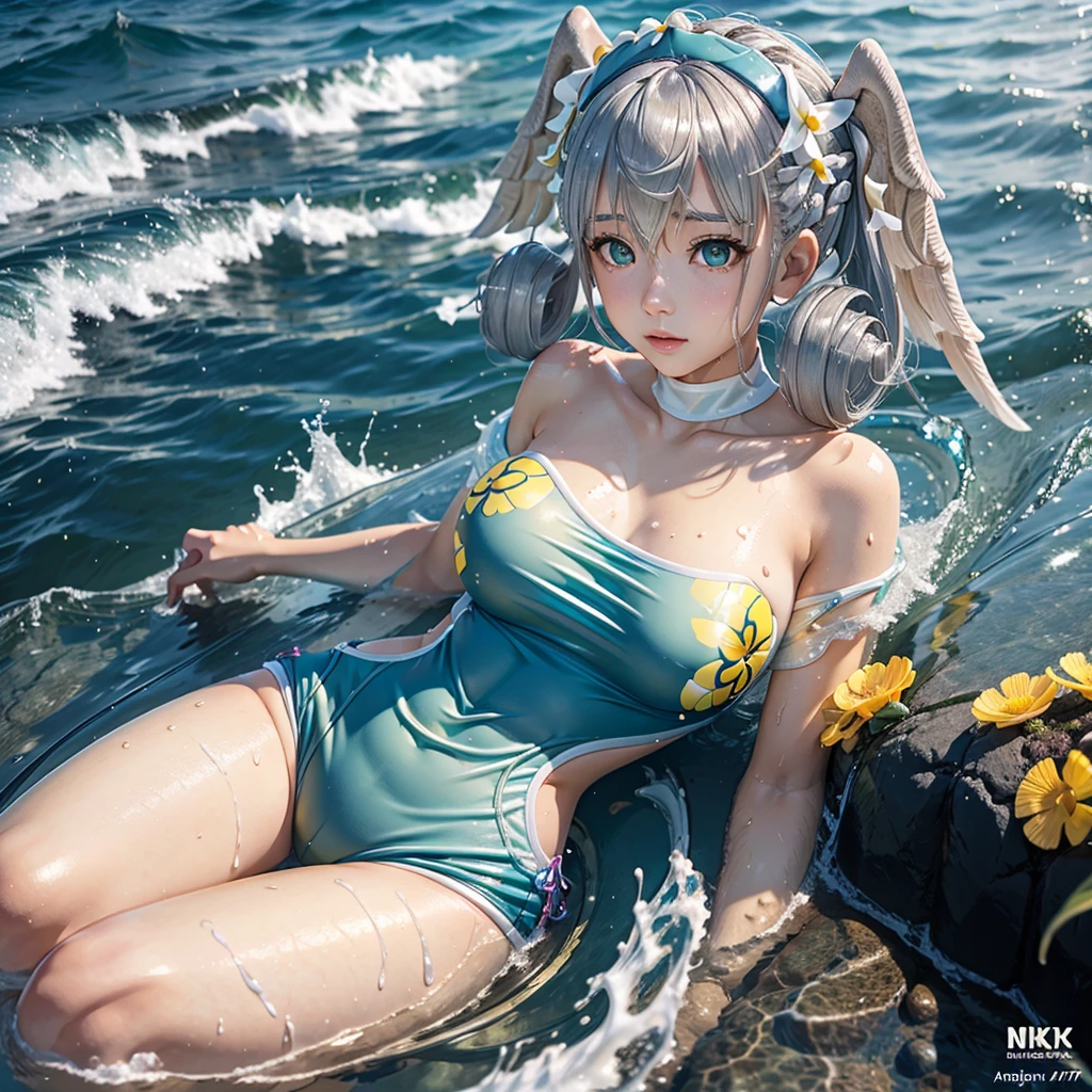score_9, score_8 up, score_7 up, masterpiece, best quality, highly detailed, 1girl, solo, adult, yellow board short swimsuit, silver hair, curly hair, teal eyes, head wings, hair between eyes, yellow ornamental flower, medium hair, highres, breast, medium breast, water, outdoors, wet, wet clothes, skin tight, wet swimsuit, beach, innocent, beautiful, laying on her side, full body view