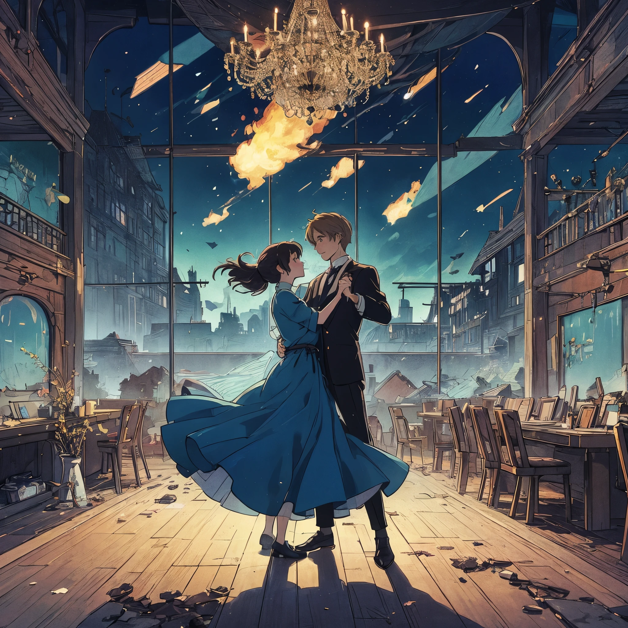 Studio Ghibli style art of two people dancing in an empty hotel lobby while the world ends. Broken down building, abandoned building, metors, fire 