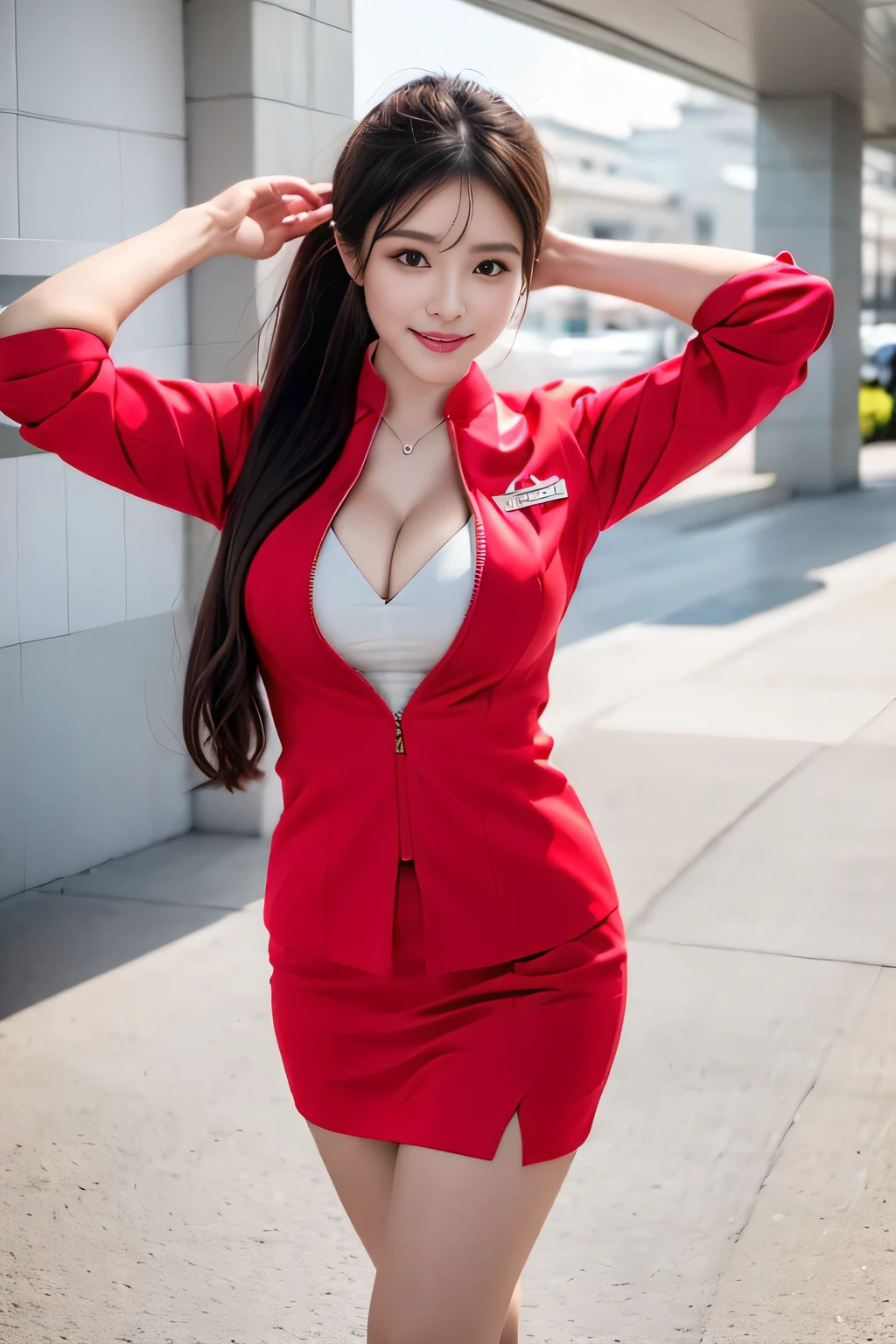 (masterpiece:1.2, highest quality:1.2), 32K HDR, High resolution, (alone、1 girl)、(At the airport entrance、Professional Lighting)、Skyscraper Background、Beautiful city view、(Realistic style with AirAsia flight attendant uniforms)、(AirAsia uniform unzipped red jacket、AirAsia uniform long sleeve red jacket、AirAsia uniform red mini tight skirt、AirAsia uniform white shirt unbuttoned)、Big breasts showing cleavage、(AirAsia uniform shirt cleavage reveals big boobs)、Dark brown hair、ponytail、Red rubber band、(Long hair that reaches down to the legs、Tie your hair behind your head、Her tied-up long hair flutters in the wind)、A strong wind is blowing、Long Shot、((Fine hand:2.0)),((Harmonious body proportions:1.5)),((Normal limbs:2.0)),((Normal finger:2.0)),((Delicate eyes:2.0)),((Normal eyes:2.0)))、Luxury Necklace、Beautiful standing posture