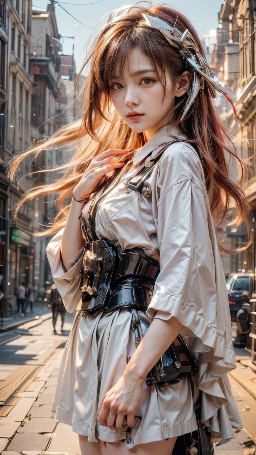 (top-quality:1.2, masterpiece)、ultra high resolution、extremely ultra surrealism, (Photorealsitic:1.4)、Raw photo、(Steampunk Battle Cyborg fallen angel)、(large mechanical bat wings)、black porcelain body、red  hair、glowy skin、1 Cyborg girl、(mechanical frame:1.3)japanese, extremely cute face,  ((super realistic details))、portrait、globalillumination、Shadow、octan render、8K、ultrasharp、character edge light、Details of complex ornaments、Acrylic Clear Cover、Sumerian details、Hydraulic cylinder、Small LED lamp、highly intricate detail、Realistic light、a purple eye、radiant eyes、Facing the camera、neon details、cowboy  shot、Futuristic headgear、About Cyberpunk