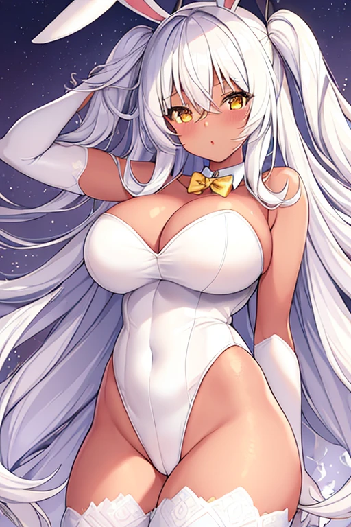 1girl, dark skin, dark-skinned female, bunny ears, rabbit ears, large breasts, white leotard, bunnysuit, leotard, white hair, long hair, golden trim, yellow eyes, gold trim, mature female, shy, timid, cleavage