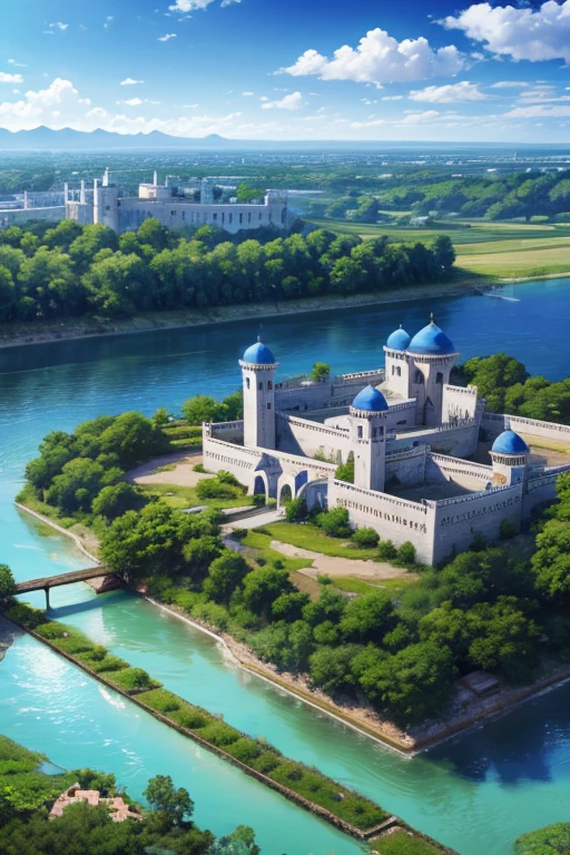 Blue Muslim palace with rivers and vegetation with towers with Arabic engravings