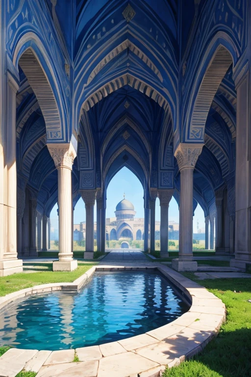 Blue Muslim palace with rivers and vegetation with towers with Arabic engravings