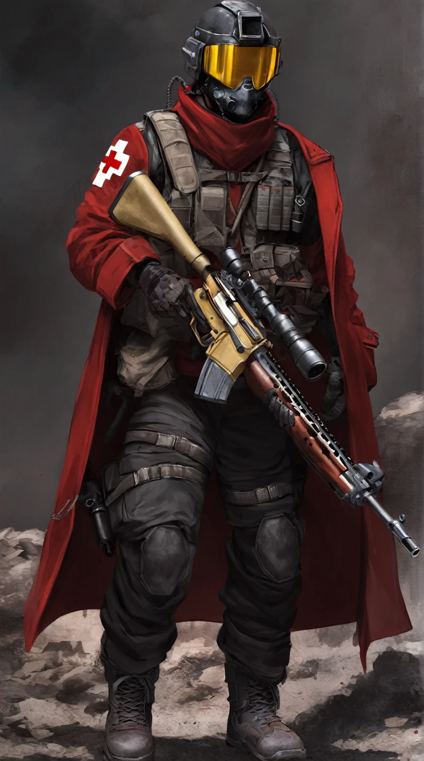sci-fi black helmet, yellow helmet visor, dark red duster coat, grey tactical vest, black pants, combat boots, shoulder red cross symbol, Male soldier, sci-fi soldier, post apocalyptic, combat medic, carrying lever action rifle, hidden face, maroon overcoat