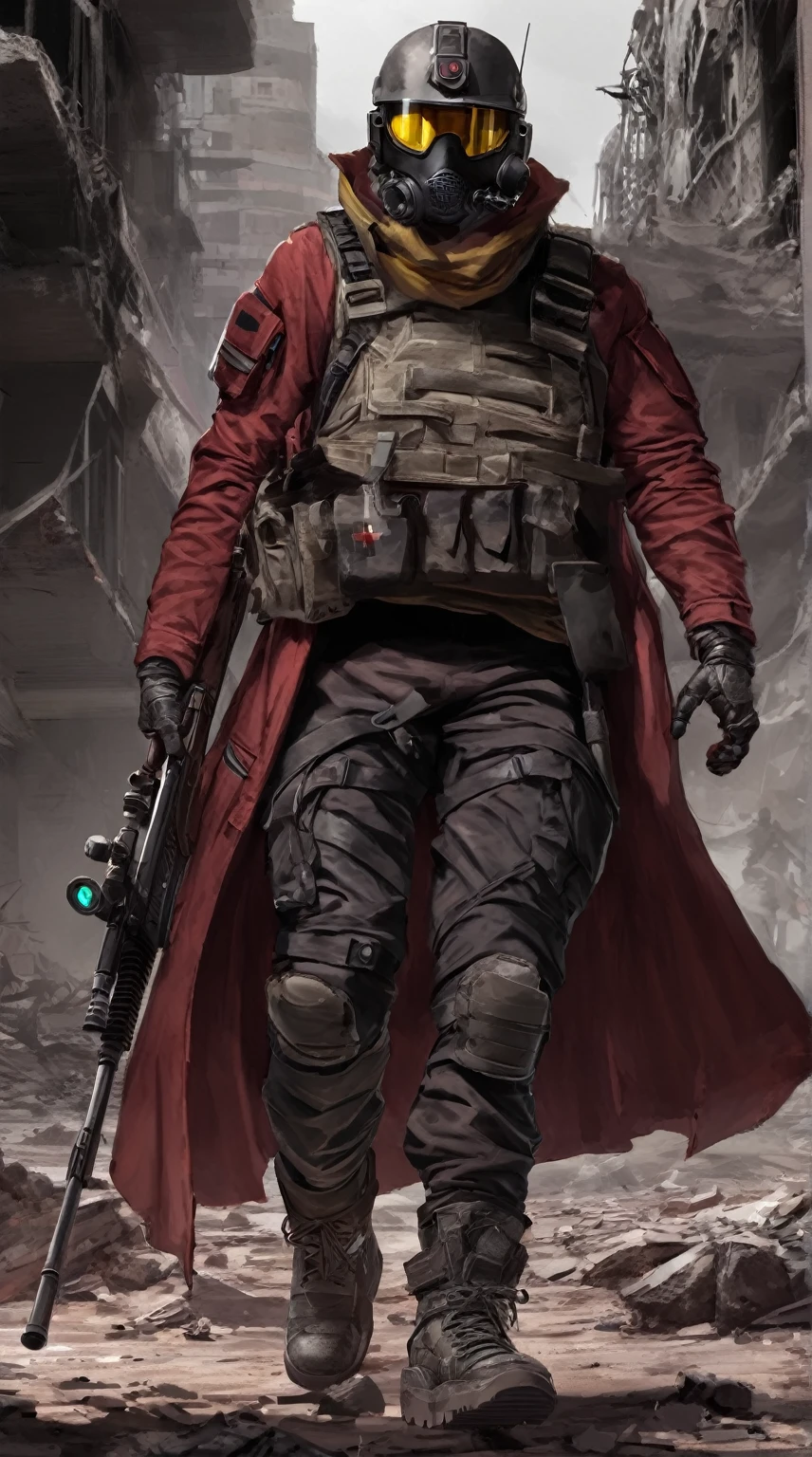 sci-fi black helmet, yellow helmet visor, dark red duster coat, grey tactical vest, black pants, combat boots, shoulder red cross symbol, Male soldier, sci-fi soldier, post apocalyptic, combat medic, carrying lever action rifle, hidden face, maroon overcoat
