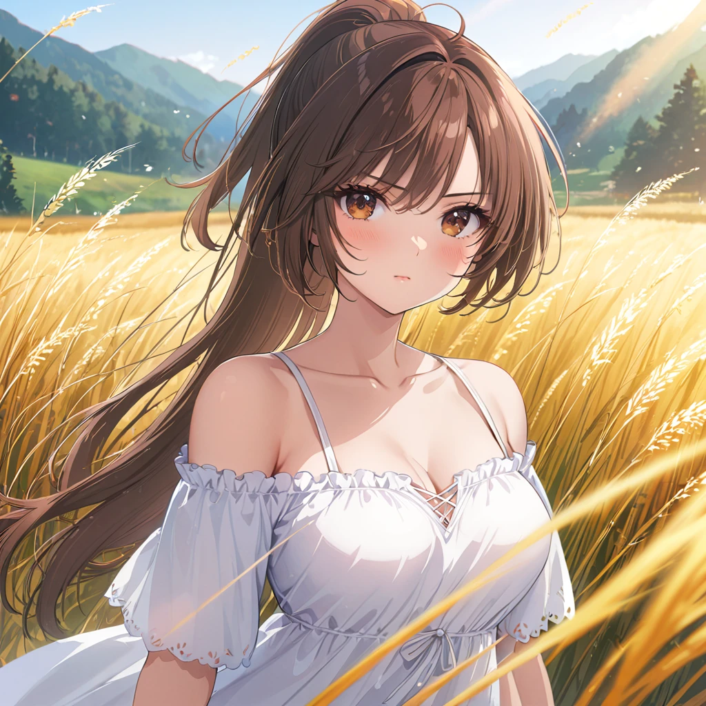 (masterpiece:1.4),, (highest quality:1.4),, Ultra-high resolution,, 8k, CG,, (Very delicate and beautiful:1.2),, , Upper Body,, From the side,, View Viewer,, , One girl,, alone,, Robber Girl,, Mature Girls,, , cute, sweet,, , In the wheat field,, Blurred Background,, , Long brown hair,, ponytail,, , Brown eyes,, Mouth closed,, Red lips,, , Face blown by the wind,, , White Dress,, Medium chest,