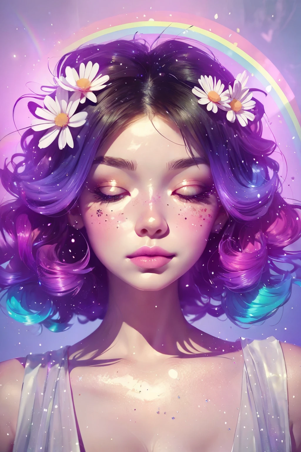 (This is a beautiful rainbow fantasy image that feels interesting and emphasizes glitter and iridescence.) Generate a ((blind)) curvy woman with colorful curly hair and milky white eyes. Her face is important and is perfectly formed with puffy lips and perfect features. (Her eyes are critically important and are (blank) and (solid white)). The image exudes ethereal beauty and soft fantasy. Include sweet and detailed birds and soft, luminous flowers in all the colors of the rainbow. The image's background is decorated in shades of pink, shimmer, glitter, and fantasy details like colored bubbles and cosmos. Utilize dynamic composition to create a compelling and action-packed image. Dramatic lighting and cinematic lighting enhance the woman's beauty and the soft colors in the artwork. (((((Perspective: head on.))))) Include fantasy, cute, colorful, colourful, interesting magic background, ((((blank eyes)))), ((((empty white eyes)))), (shirome eyes:1.3), (smirking), (perfectly rendered solid whiteeyes), ((birthmark on lip)), ((pretty lips)), beautiful background, complex background, sweet background, (((rainbow)))