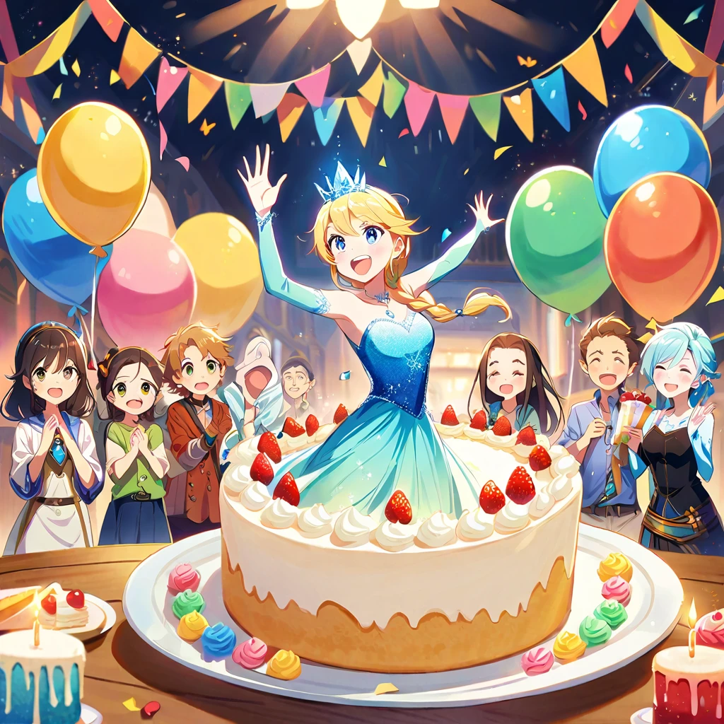 4〜A fun birthday party scene with six kids, cake, Candles and Disney「Frozen」Elsa is standing in the background, Celebration style, Detailed depiction of the characters&#39; facial structures, Bright colors overall, candles on the cake, Charles M. Schultz  