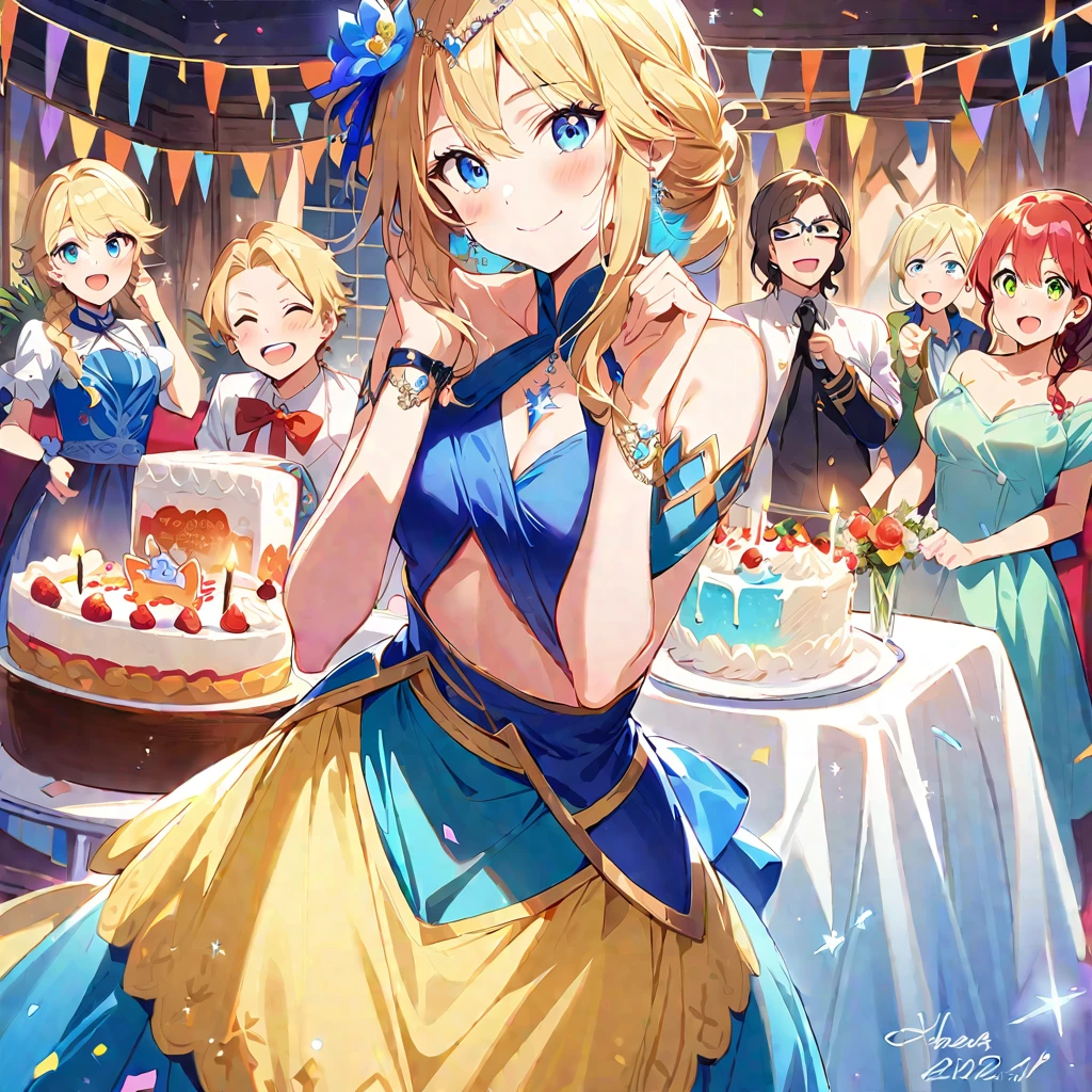 4〜A fun birthday party scene with six kids, cake, Candles and Disney「Frozen」Elsa is standing in the background, Celebration style, Detailed depiction of the characters&#39; facial structures, Bright colors overall, candles on the cake, Charles M. Schultz  