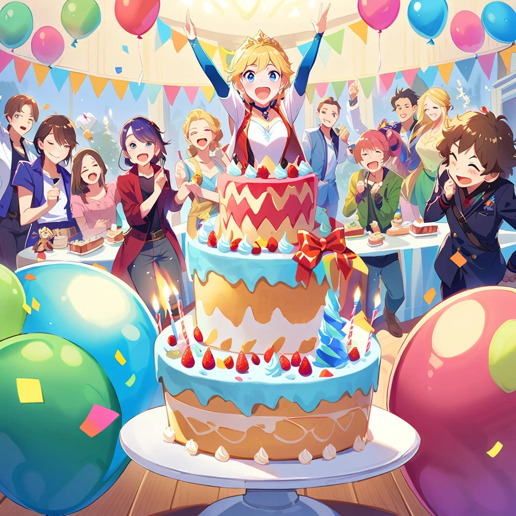 4〜A fun birthday party scene with six kids, cake, Candles and Disney「Frozen」Elsa is standing in the background, Celebration style, Detailed depiction of the characters&#39; facial structures, Bright colors overall, candles on the cake, Charles M. Schultz  