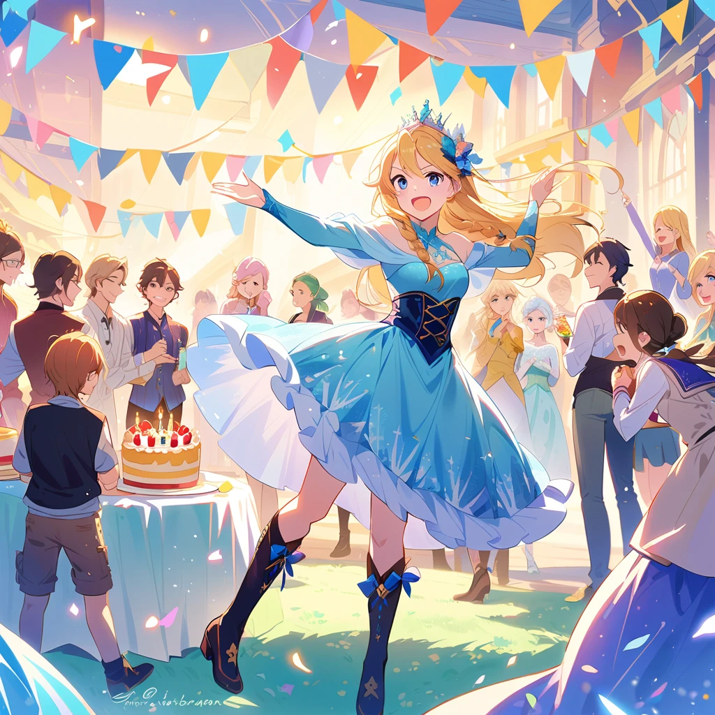 4〜A fun birthday party scene with six kids, cake, Candles and Disney「Frozen」Elsa is standing in the background, Celebration style, Detailed depiction of the characters&#39; facial structures, Bright colors overall, candles on the cake, Charles M. Schultz  