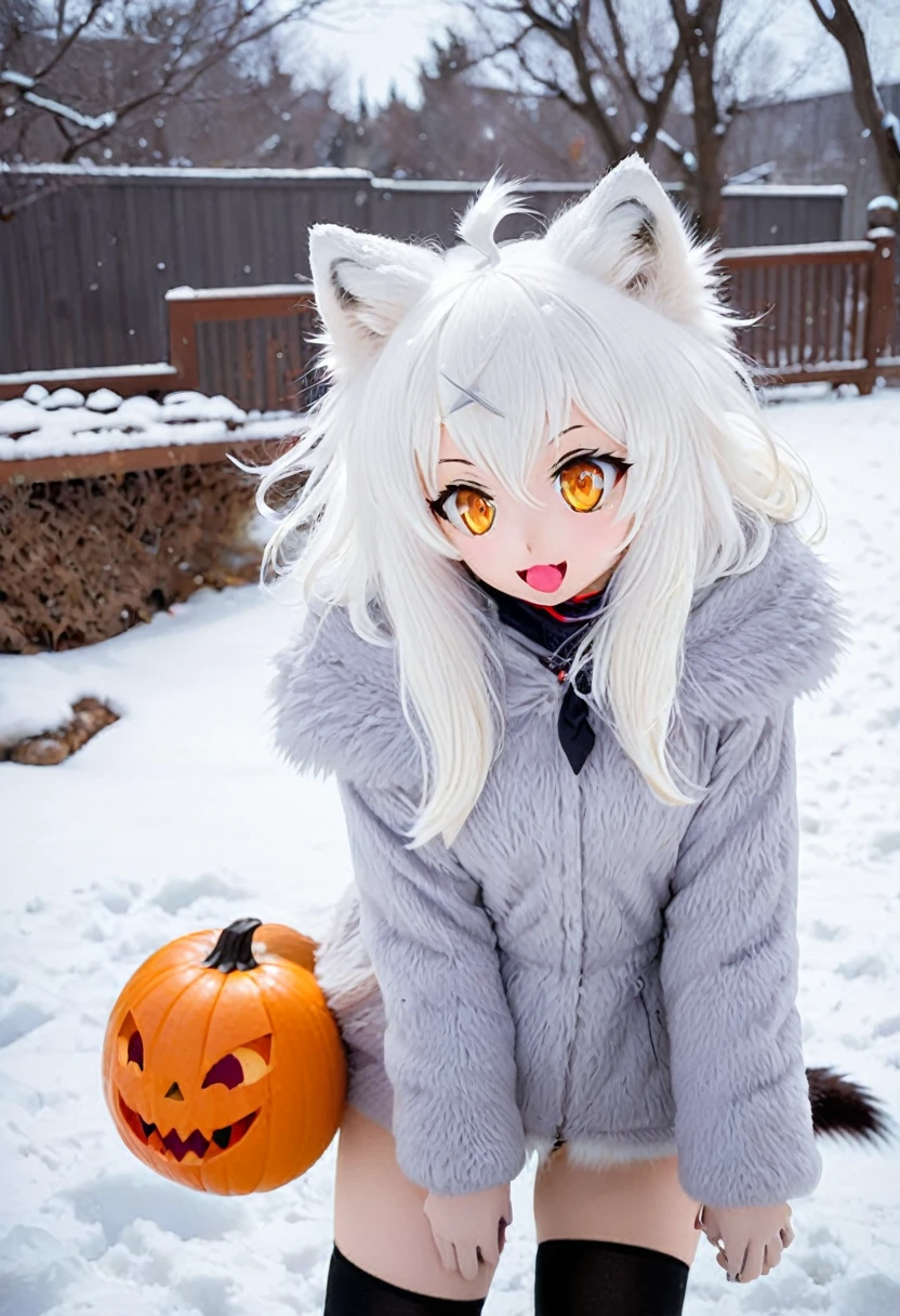 anime girl, wolf girl, golden eyes, white fluffy hair, extra big, big tail, jack-o pose looking back into camera, tongue out, winter outside snow, anime realistic, +edgy as possible