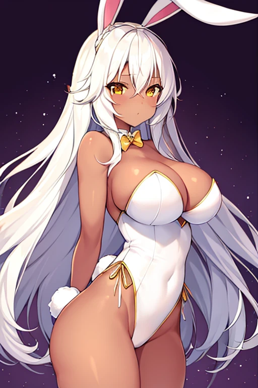 1girl, dark skin, dark-skinned female, bunny ears, rabbit ears, large breasts, white leotard, bunnysuit, leotard, white hair, long hair, golden trim, yellow eyes, gold trim, mature female, shy, timid, cleavage