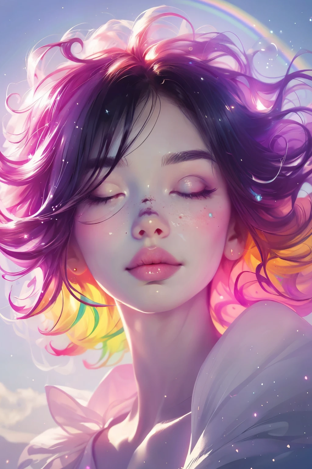 (This is a beautiful rainbow fantasy image that feels interesting and emphasizes glitter and iridescence.) Generate a ((blind)) curvy woman with colorful curly hair and milky white eyes. Her face is important and is perfectly formed with puffy lips and perfect features. (Her eyes are critically important and are (blank) and (solid white)). The image exudes ethereal beauty and soft fantasy. Include sweet and detailed birds and soft, luminous flowers in all the colors of the rainbow. The image's background is decorated in shades of pink, shimmer, glitter, and fantasy details like colored bubbles and cosmos. Utilize dynamic composition to create a compelling and action-packed image. Dramatic lighting and cinematic lighting enhance the woman's beauty and the soft colors in the artwork. (((((Perspective: head on.))))) Include fantasy, cute, colorful, colourful, interesting magic background, ((((blank eyes)))), ((((empty white eyes)))), (shirome eyes:1.3), (smirking), (perfectly rendered solid whiteeyes), ((birthmark on lip)), ((pretty lips)), beautiful background, complex background, sweet background, (((rainbow)))