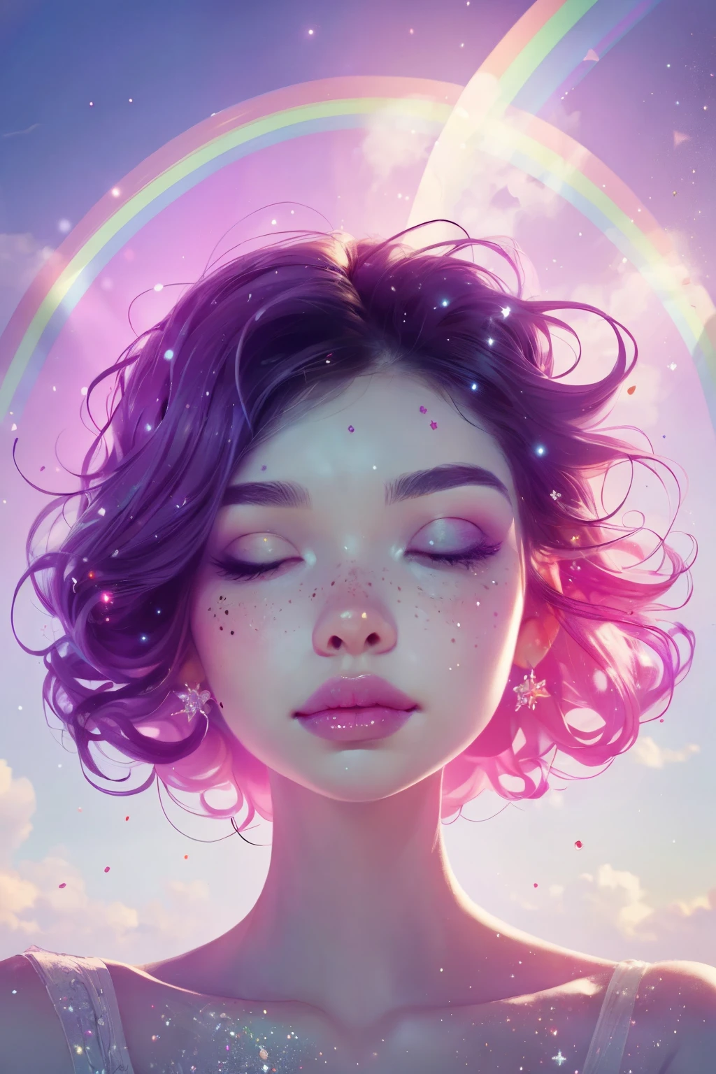 (This is a beautiful rainbow fantasy image that feels interesting and emphasizes glitter and iridescence.) Generate a ((blind)) curvy woman with colorful curly hair and milky white eyes. Her face is important and is perfectly formed with puffy lips and perfect features. (Her eyes are critically important and are (blank) and (solid white)). The image exudes ethereal beauty and soft fantasy. Include sweet and detailed birds and soft, luminous flowers in all the colors of the rainbow. The image's background is decorated in shades of pink, shimmer, glitter, and fantasy details like colored bubbles and cosmos. Utilize dynamic composition to create a compelling and action-packed image. Dramatic lighting and cinematic lighting enhance the woman's beauty and the soft colors in the artwork. (((((Perspective: head on.))))) Include fantasy, cute, colorful, colourful, interesting magic background, ((((blank eyes)))), ((((empty white eyes)))), (shirome eyes:1.3), (smirking), (perfectly rendered solid whiteeyes), ((birthmark on lip)), ((pretty lips)), beautiful background, complex background, sweet background, (((rainbow)))