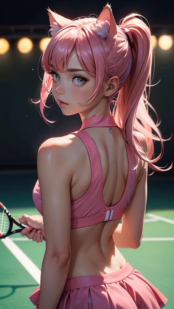 (high resolution, upper body, soft skin:1.2),(best illustration,masterpiece:1.2),ultra-detailed,[(cat ears ,pink inside:1.2),vivid colors,sharp focus,portrait,studio lighting,bokeh, wearing a tennis uniform, tennis courts background, dusk, mid body portrait, back turned