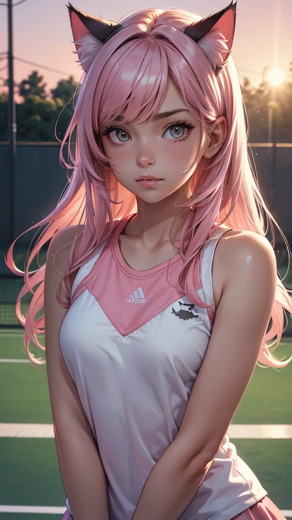 (high resolution, upper body, soft skin:1.2),(best illustration,masterpiece:1.2),ultra-detailed,[(cat ears ,pink inside:1.2),vivid colors,sharp focus,portrait,studio lighting,bokeh, wearing a tennis uniform, tennis courts background, dusk, mid body portrait, back turned