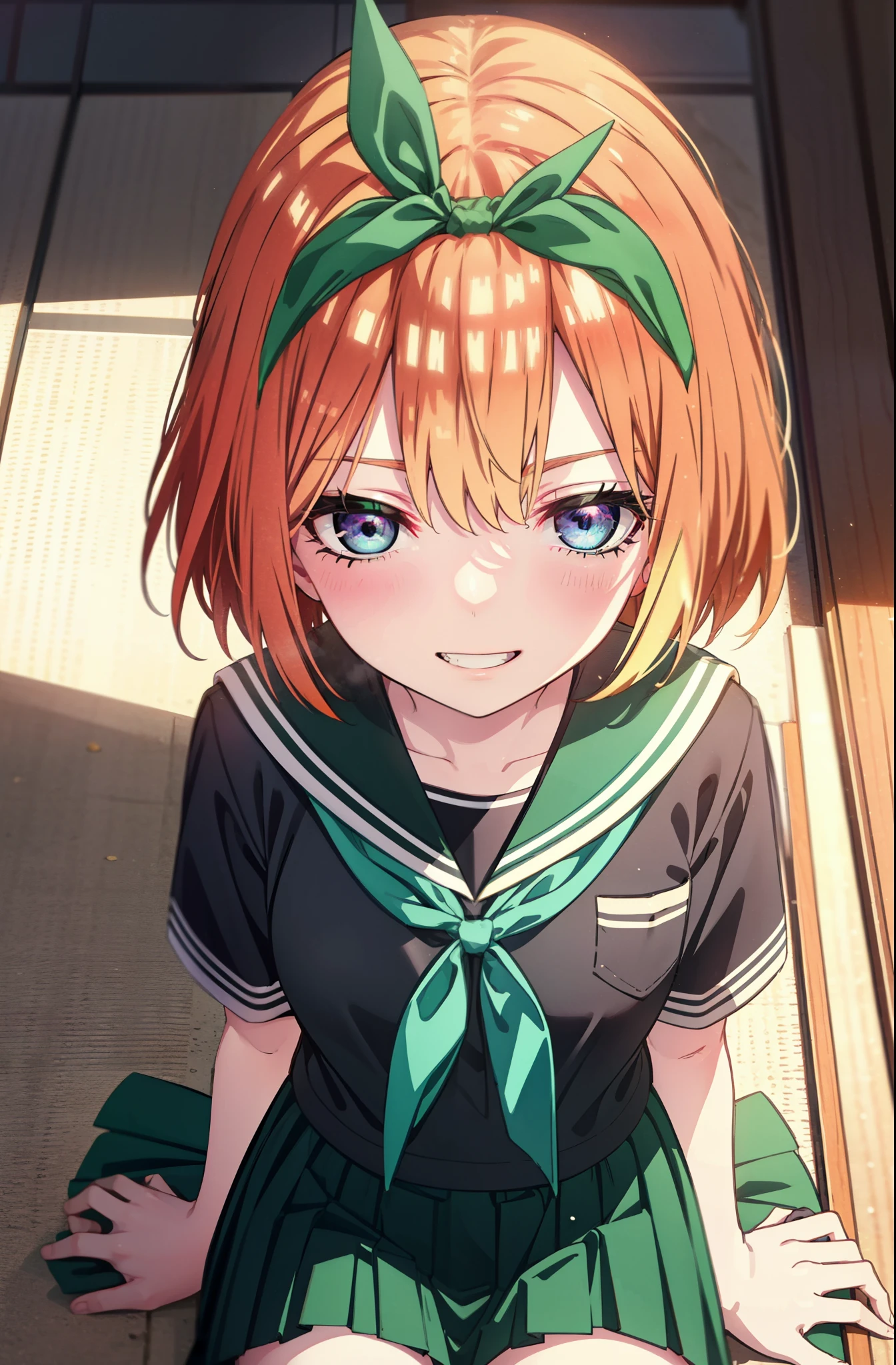 yotsubanakano, yotsuba nakano, bangs, short hair, blue eyes, Hair between the eyes, hair ribbon, hair band, Orange Hair, (Green ribbon:1.5), smile, Grin,Big Breasts,Japanese schoolgirl(Black Sailor Suit),Short sleeve,Black pleated skirt,White tights,Brown Loafers,Daytime,Clear skies,Sitting at a desk,whole bodyがイラストに入るように,Looking down from above,
break indoors, School,Big Breasts,
break looking at viewer, whole body,
break (masterpiece:1.2), highest quality, High resolution, unity 8k wallpaper, (shape:0.8), (Beautiful details:1.6), Highly detailed face, Perfect lighting, Extremely detailed CG, (Perfect hands, Perfect Anatomy),