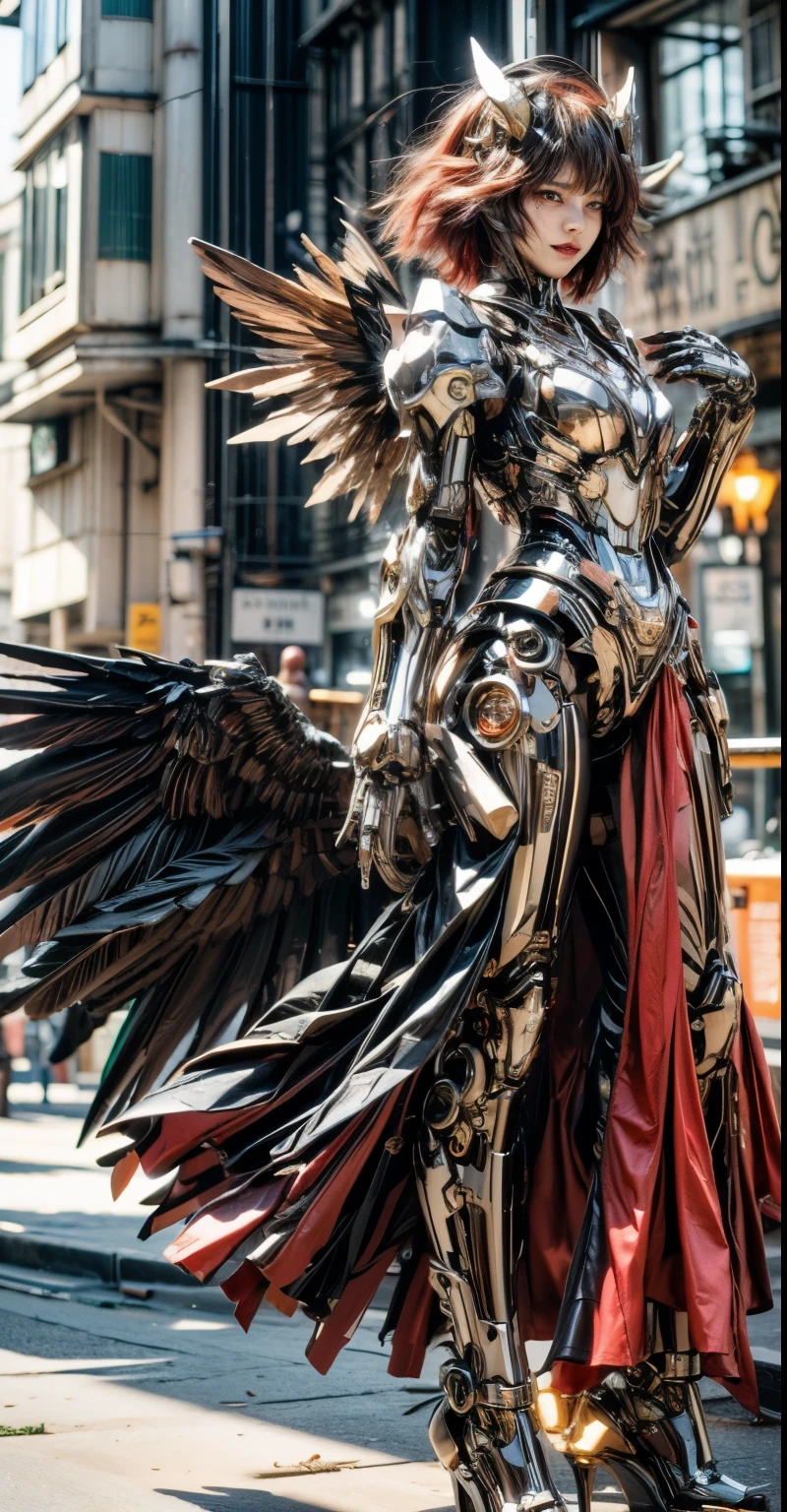 (top-quality:1.2, masterpiece)、ultra high resolution、extremely ultra surrealism, (Photorealsitic:1.4)、Raw photo、(Steampunk Battle Cyborg fallen angel)、(large mechanical bat wings)、black porcelain body、red hair、glowy skin、1 Cyborg girl、(mechanical frame:1.3)japanese, extremely cute face, ((super realistic details))、portrait、globalillumination、Shadow、octan render、8K、ultrasharp、character edge light、Details of complex ornaments、Acrylic Clear Cover、Sumerian details、Hydraulic cylinder、Small LED lamp、highly intricate detail、Realistic light、a purple eye、radiant eyes、Facing the camera、neon details、cowboy shot、Futuristic headgear、About Cyberpunk