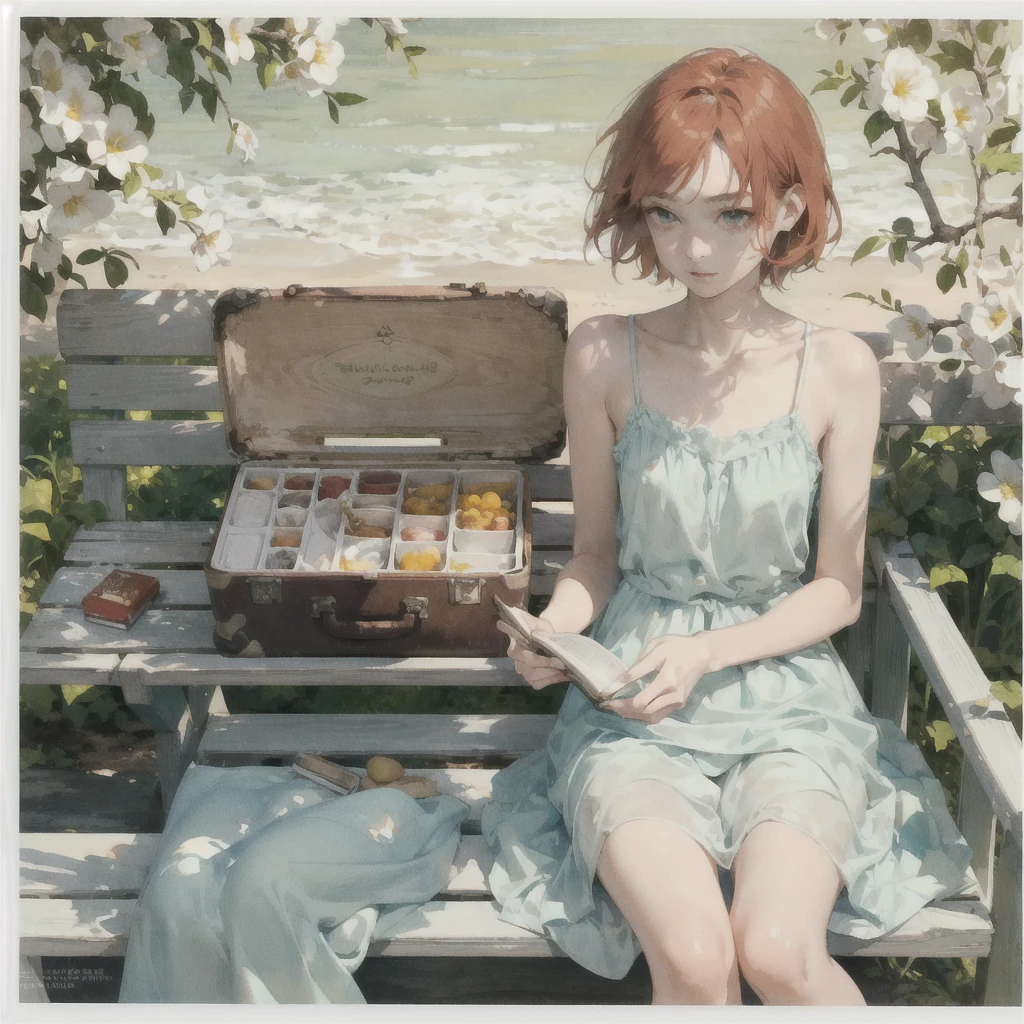 Exquisite (slim (skinny)) Girl 16 years old (with a perfect, very beautiful gentle face and almond-shaped eyes) (with a southern skin tone and soft lips) (with short red hair) (with freckles) (in a light summer green sundress) (barefoot) (on the pier on a bench) (Reading a book) (Under a flowering tree), (there is a small old travel suitcase on the ground nearby), soft amber evening light, warm sun, gentle waves, mint and peach shades; draw ((in watercolor style)); ((very beautiful exquisite face)); (high image quality, high detail), ((discreet faded shades, pale expressionless colors, imitation of film photography, diffused soft light)); ((big alien eyes), skinny); ((delicate shades))