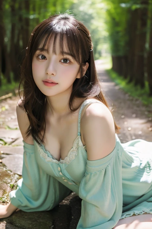 ulzzang -6500-v1.1, (Raw photo:1.2), (Photorealsitic), a beautiful detailed girl, (Real: 1.4), ighly detailedな目と顔, beatiful detailed eyes, A walk in a quiet forest、huge filesize, hight resolution, ighly detailed, top-quality, [​masterpiece:1.6], illustratio, ighly detailed, nffsw, finely detail, top-quality, 8k wallpaper, Cinematographic lighting, selfee、instagram、1girl in, 17 age, perfect body type, cute droopy eyes beautiful big eyes、Pieckfinger, ((masutepiece)), Best Quality, 1girl in, eye shadow, Upper body, Portrait, ((FULL BODYSHOT:1.2))、