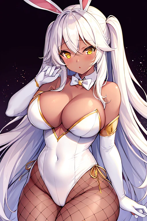 1girl, dark skin, dark-skinned female, bunny ears, rabbit ears, large breasts, white leotard, bunnysuit, leotard, white hair, long hair, golden trim, yellow eyes, gold trim, mature female, shy, timid, cleavage, elbow gloves, fishnet, fishnet pantyhose