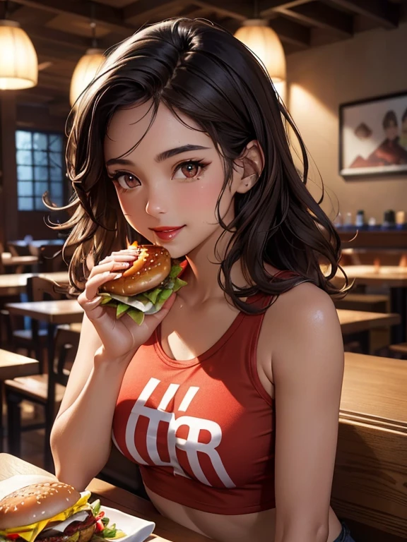 Masterpiece, best quality, 8K Wallpaper, HDR, octane rendering. An 18 year old girl, wearing a cropped t-shirt, short shorts, (in the restaurant eating a burger), (holding a burger close to her mouth), (ketchup dripping from the burger), beautiful detailed scenery, the girl has (Messy medium hair, black hair bright: 1.2), (Beautiful and detailed face with perfect symmetry), (Beautiful and detailed brown eyes: 1.3), (red lips, wide smile), (body with perfect anatomy, perfect natural texture, high details, glowing skin) lighting cinematic, vivid colors, detailed illustration, depth of field