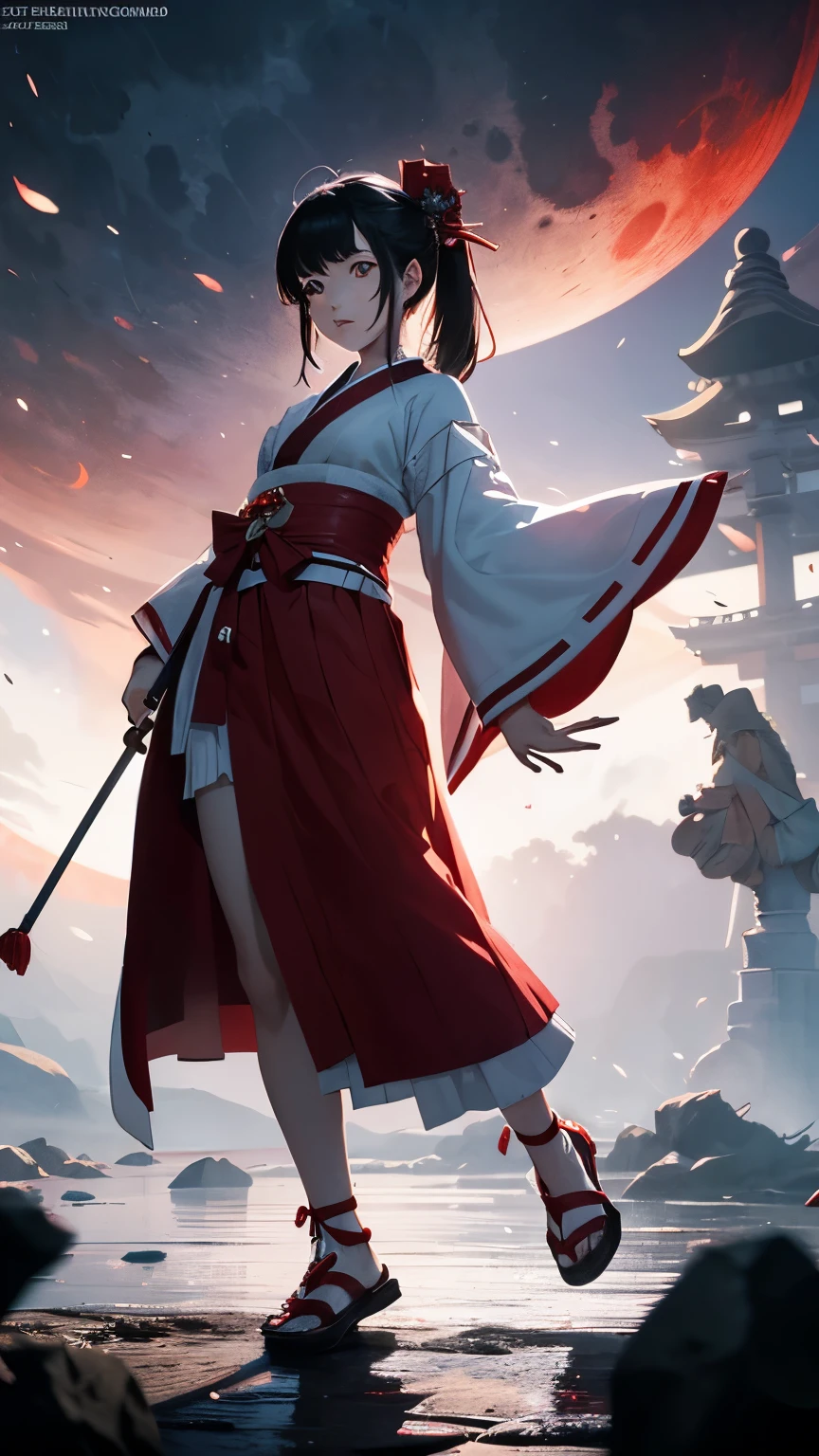Japanese shrine maiden, girl, shrine, mysterious, human, shrine maiden clothes, short and slender person, standing, white skin, white skin, long black hair, red eyes, crazy smile, beautiful face, night, Beautiful face, white and red clothes, beautiful limbs, tamagushi, white jacket, sleeves, white gloves, traditional clothes, red skirt, black moon, red moon, looking at the viewer, intimidating gaze, (full body:1.2), drawing style, dynamic light, ultra detail, extremely detailed CG, micro intricate, highly detailed skin, highly detailed face, highly detailed pupils, highly detailed iris, RAW photo, best quality, high resolution, ((masterpiece)), realistic, sharp focus, HDR, 8K resolution, intricate detail, sophisticated detail, hyper detailed, (depth of field), highlight and shadow, volumetric lighting, highly detailed background, by Kentaro Miura:1.1, comicbookpencils:0.9, greyscale(line art:1.1)