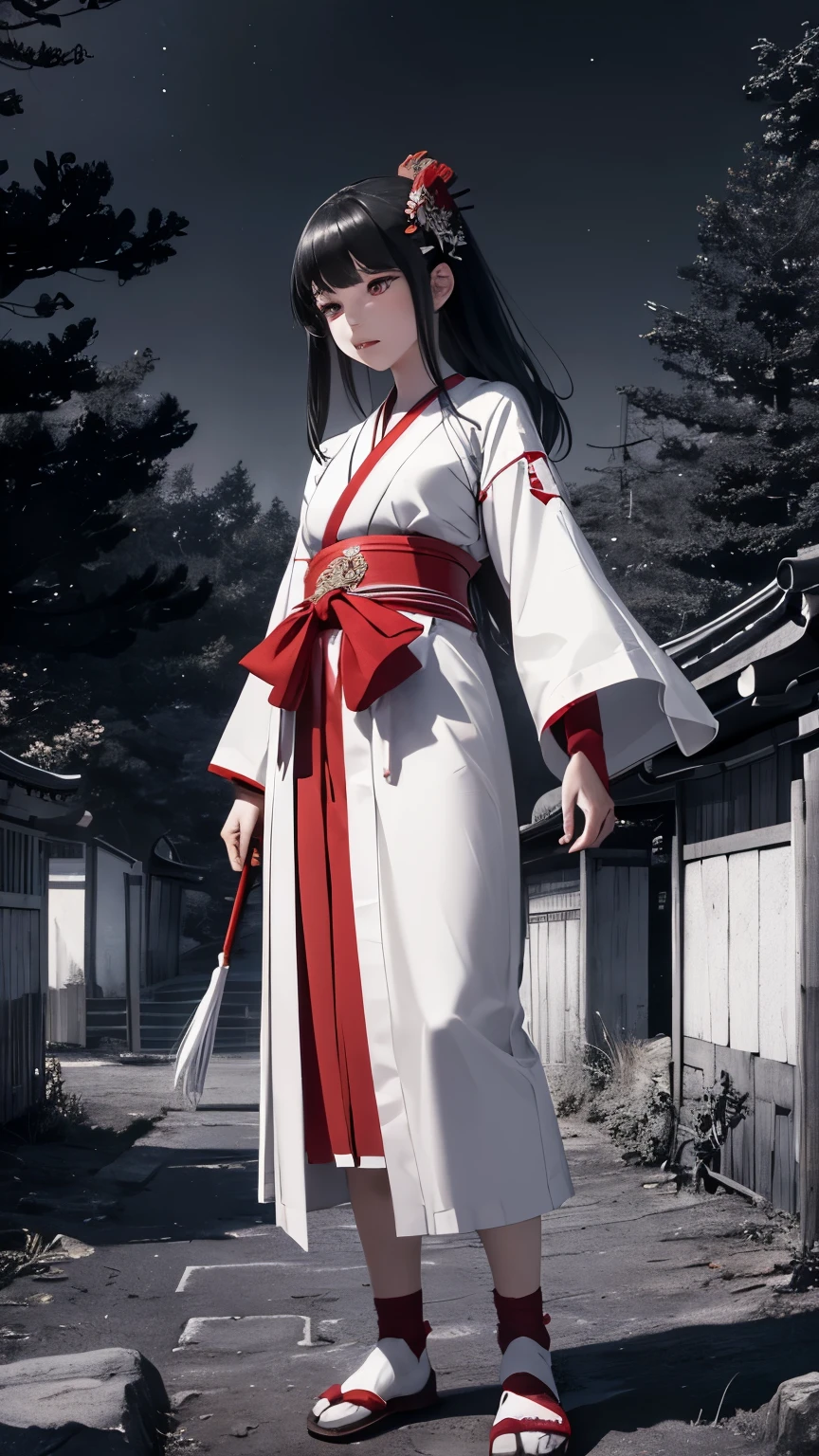 Japanese shrine maiden, girl, shrine, mysterious, human, shrine maiden clothes, short and slender person, standing, white skin, white skin, long black hair, red eyes, crazy smile, beautiful face, night, Beautiful face, white and red clothes, beautiful limbs, tamagushi, white jacket, sleeves, white gloves, traditional clothes, red skirt, black moon, red moon, looking at the viewer, intimidating gaze, (full body:1.2), drawing style, dynamic light, ultra detail, extremely detailed CG, micro intricate, highly detailed skin, highly detailed face, highly detailed pupils, highly detailed iris, RAW photo, best quality, high resolution, ((masterpiece)), realistic, sharp focus, HDR, 8K resolution, intricate detail, sophisticated detail, hyper detailed, (depth of field), highlight and shadow, volumetric lighting, highly detailed background, by Kentaro Miura:1.1, comicbookpencils:0.9, greyscale(line art:1.1)