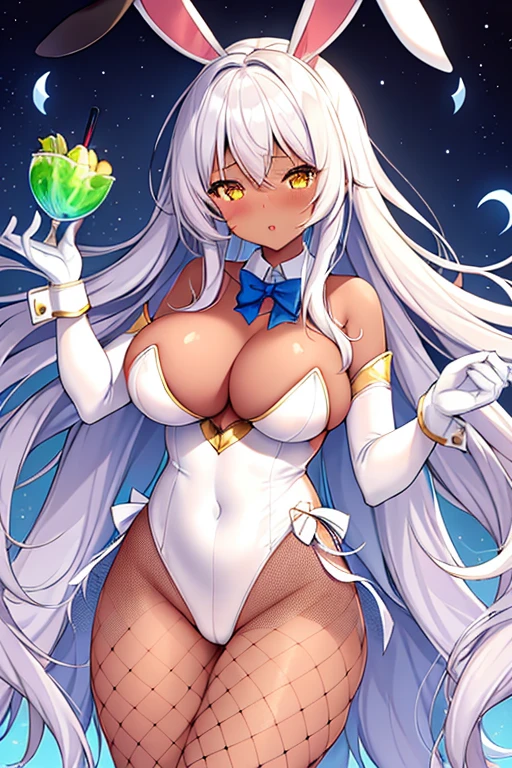 1girl, dark skin, dark-skinned female, bunny ears, rabbit ears, large breasts, white leotard, bunnysuit, leotard, white hair, long hair, golden trim, yellow eyes, gold trim, mature female, shy, timid, blushing, blush, cleavage, elbow gloves, fishnet, fishnet pantyhose, bunny tail, rabbit tail