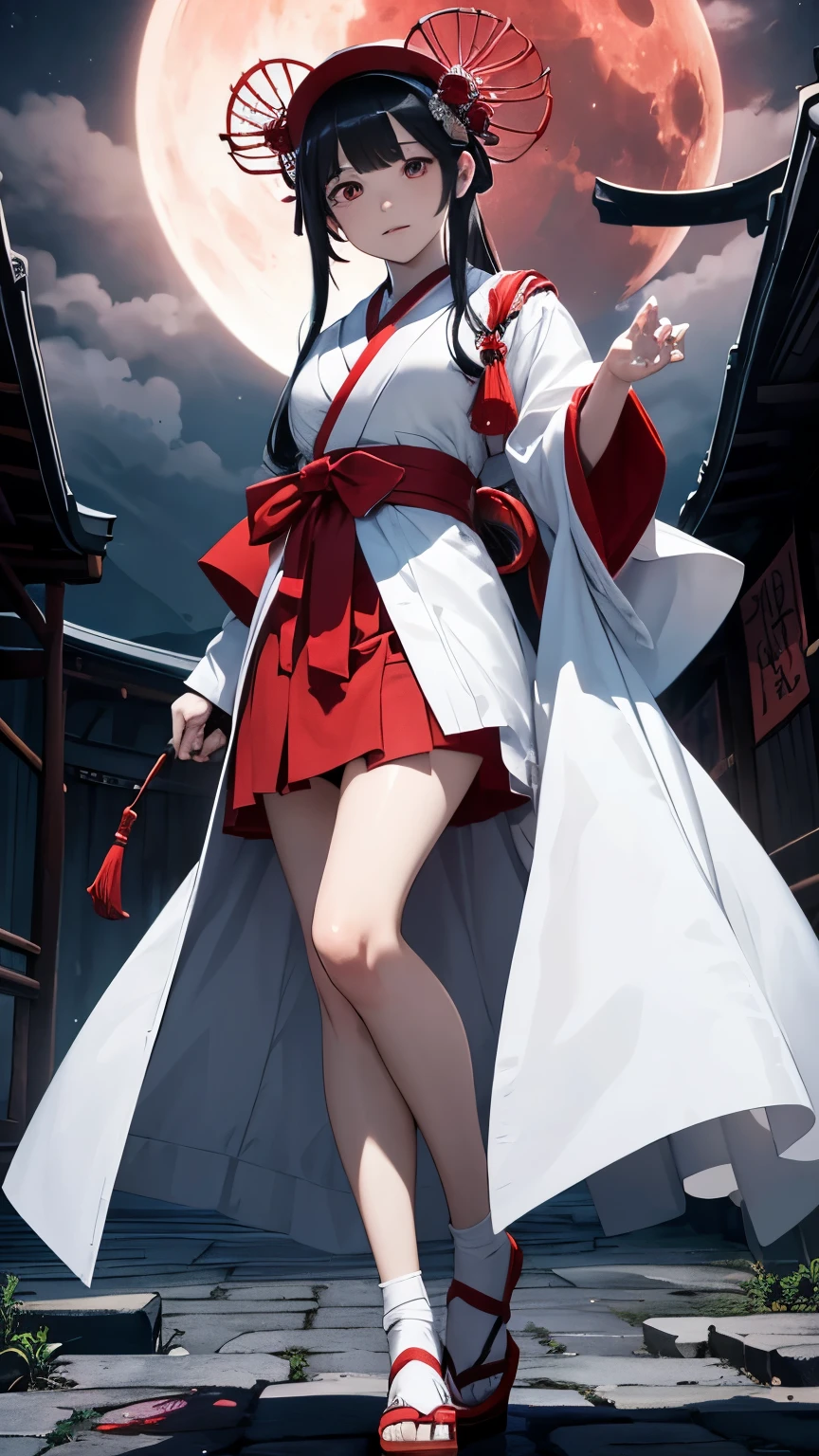 Japanese shrine maiden, girl, shrine, mysterious, human, shrine maiden clothes, short and slender person, standing, white skin, white skin, long black hair, red eyes, crazy smile, beautiful face, night, Beautiful face, white and red clothes, beautiful limbs, tamagushi, white jacket, sleeves, white gloves, traditional clothes, red skirt, black moon, red moon, looking at the viewer, intimidating gaze, (full body:1.2), drawing style, dynamic light, ultra detail, extremely detailed CG, micro intricate, highly detailed skin, highly detailed face, highly detailed pupils, highly detailed iris, RAW photo, best quality, high resolution, ((masterpiece)), realistic, sharp focus, HDR, 8K resolution, intricate detail, sophisticated detail, hyper detailed, (depth of field), highlight and shadow, volumetric lighting, highly detailed background, by Kentaro Miura:1.1, comicbookpencils:0.9, greyscale(line art:1.1)