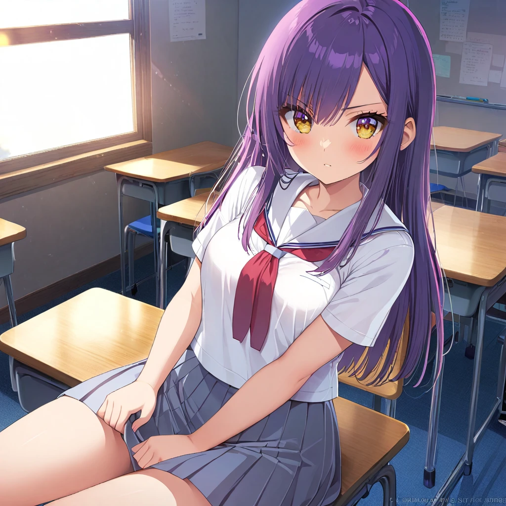 One girl, Long midnight purple hair, Golden light eyes, sit in classroom, White school modern uniform, anime