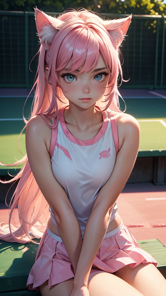 (high resolution, upper body, soft skin:1.2),(best illustration,masterpiece:1.2),ultra-detailed,[(cat ears ,pink inside:1.2),vivid colors,sharp focus,portrait,studio lighting,bokeh, wearing a tennis uniform, tennis courts background, dusk, mid body portrait, sitting on bench