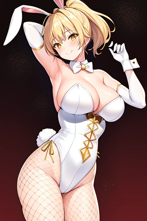 1girl, bunny ears, rabbit ears, large breasts, white leotard, bunnysuit, leotard, brown hair, short hair, ponytail, golden trim, yellow eyes, gold trim, mature female, light smile, cleavage, elbow gloves, fishnet, fishnet pantyhose, bowtie