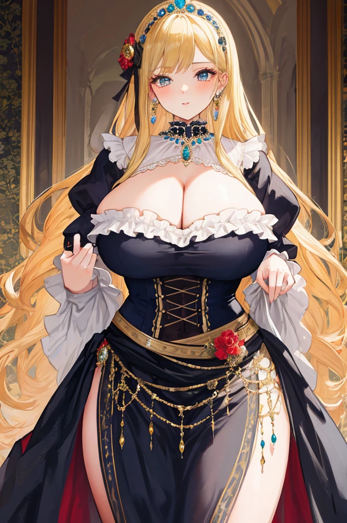 masterpiece,8k,A woman with big ,Gorgeous woman,transparent,Victorian style,Rococo skirt,Long blond hair,Gorgeous jewelry,Crystal Hair Accessories,Cleavage,pubic,