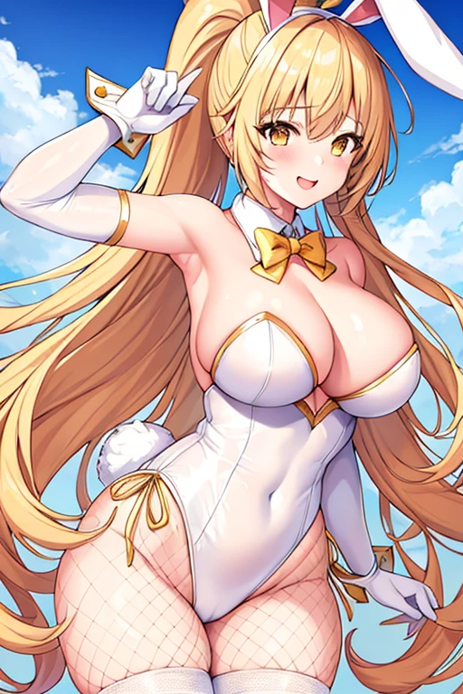 1girl, bunny ears, rabbit ears, large breasts, white leotard, bunnysuit, leotard, brown hair, short hair, ponytail, golden trim, yellow eyes, gold trim, mature female, light smile, cleavage, elbow gloves, fishnet, fishnet pantyhose, bowtie