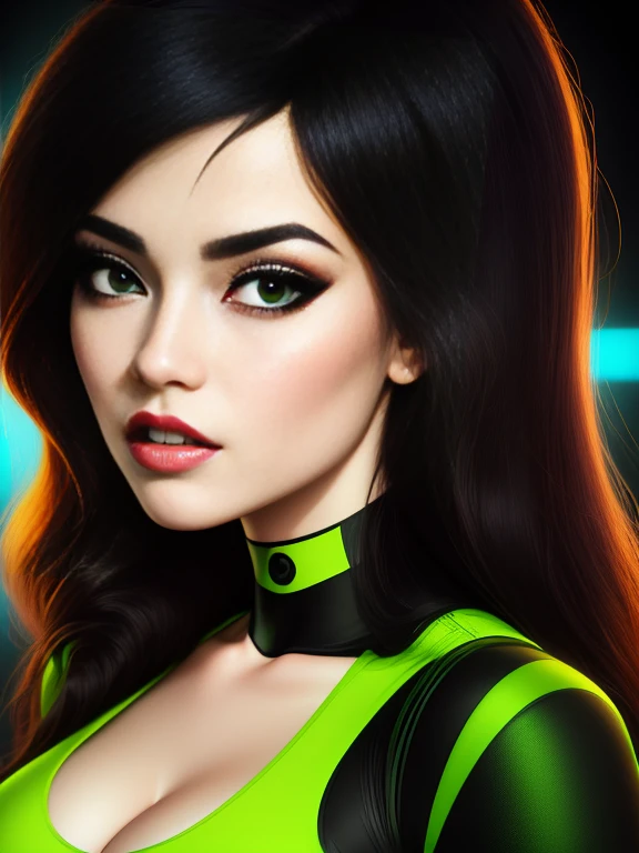 A stunning intricate full color portrait of Shego, pale skin, black hair, green eyes, wearing a black and green body suit, deep cleavage,, seductive, portrait, by ilya kuvshinov, alessio albi, nina masic, sharp focus, natural lighting, subsurface scattering, f2, 35mm, film grain,  