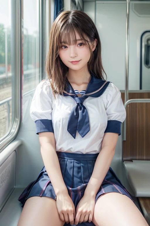 top-quality,ultra - detailed,tmasterpiece,hentail realism,photoreali,Bright lighting,1 girl in, an extremely beautiful , (kawaii:1.2),thin smile, (Brown eyes),(A brown-haired),(By bangs),perfect glossy shiny skins,Flawless skin,((erotick,Sexy and sexually explicit)),((Precise pointers,There is no incongruity)), Large full breasts,Big breasts Thin waist, looki at viewer,((a sailor suit)),((Short sleeve uniform white shirt)),(red necktie),(Blue mini pleated skirt),(((skirt lift by yourself))),(lifted by self),(showing panties),panties on,panty focus,((Sit up,spread their legs)), sockes, (Black Knee Socks),(Loafer shoes), In the daytime,On the train,Horizontal bench seat with your back to the window