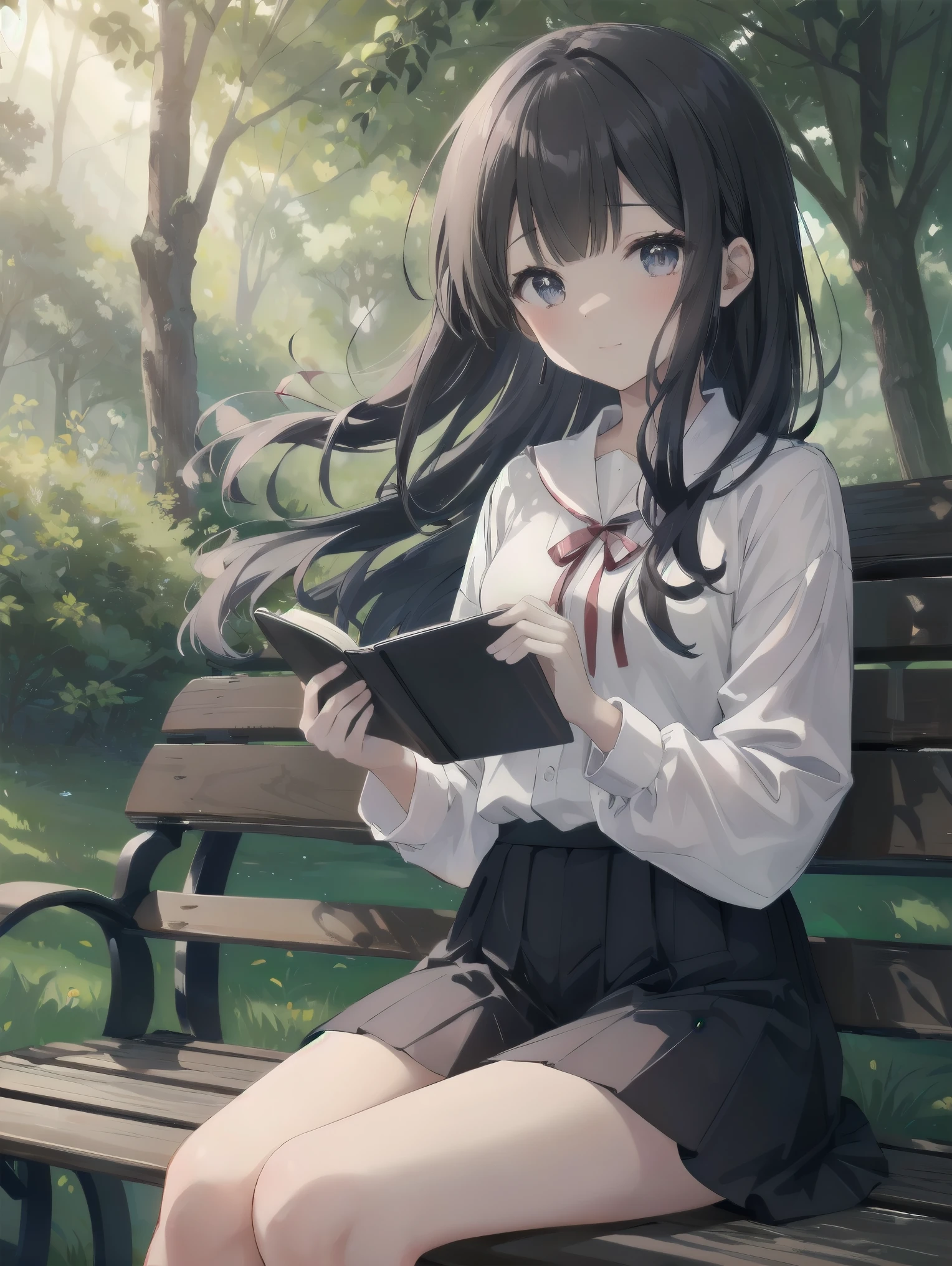 In a lush green park, a beautiful girl, Saori, was sitting on a bench with the sun shining through the trees. Her translucent eyes were sunken in deep contemplation, and in her hand was an old map and a notebook filled with scribbles.Her long, glossy black hair danced in the wind, her light red ribbons twirling in the wind. Saori, have you found any clues yet?" Yosuke, a childhood friend sitting next to her, asked anxiously, "Saori, have you found any clues yet? Saori smiled, closed her notebook, and said, "Yes, I'm almost done. But we may need to take extrajudicial measures in the future. I reply. Her eyes sparkle as if she is enjoying the challenge.