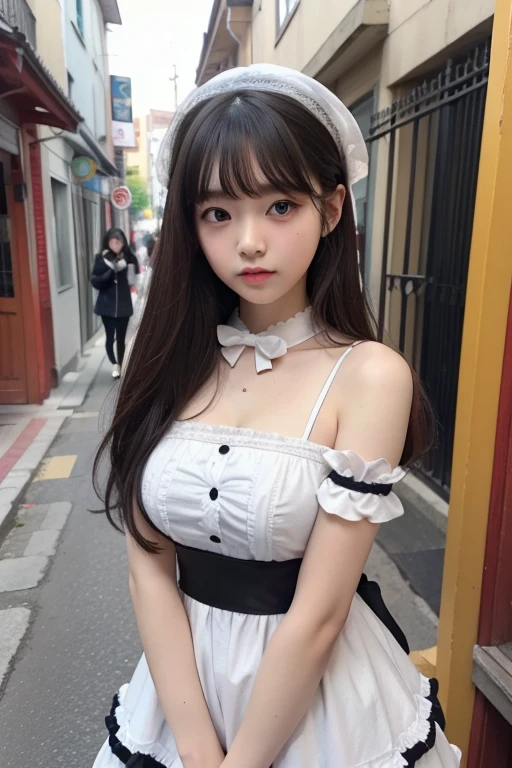 Photo Real、photoRealstic、ultra-detailliert、masutepiece、top-quality、8K　shorth hair、Lots of bangs、Patsun、sense of touch、Thick tactile sensation、Crisp haptics、hime-cut、Himecut、Short tactile sensations　Hanging eyes、Narrow-eyed、Young Face、The contours of the face are round、Cute  s　sixteen years old、skinny  body、young body、Beautiful skin　Clothes without sleeves、Fluffy、Lolita Fashion、onepiece、Lots of decorations for clothes　Background with、In the street、alleyway