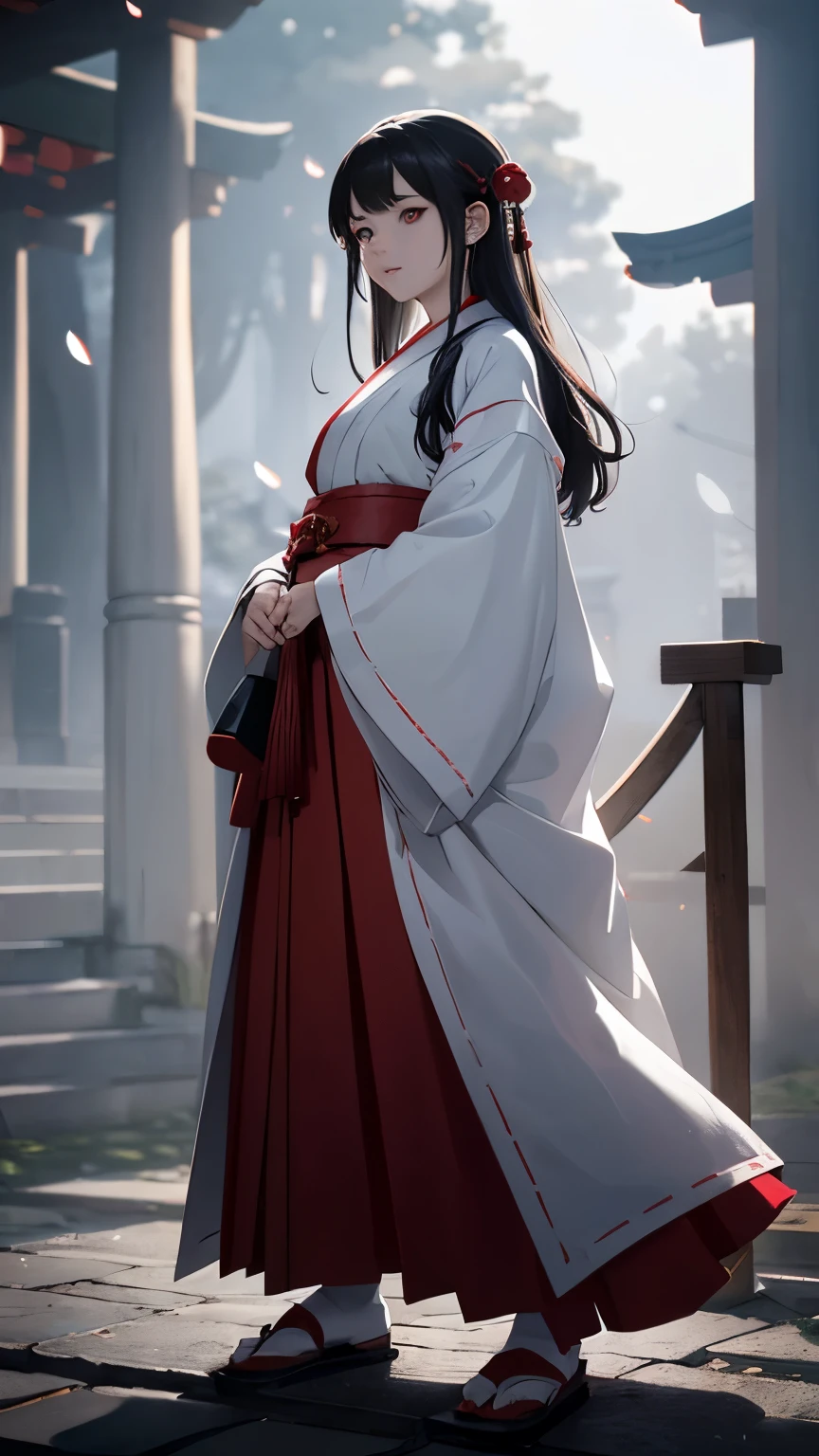 Japanese shrine maiden, girl, shrine, mysterious, human, shrine maiden clothes, short and slender person, standing, white skin, white skin, long black hair, red eyes, crazy smile, beautiful face, night, Beautiful face, white and red clothes, beautiful limbs, tamagushi, white jacket, sleeves, white gloves, traditional clothes, red skirt, black moon, red moon, looking at the viewer, intimidating gaze, (full body:1.2), drawing style, dynamic light, ultra detail, extremely detailed CG, micro intricate, highly detailed skin, highly detailed face, highly detailed pupils, highly detailed iris, RAW photo, best quality, high resolution, ((masterpiece)), realistic, sharp focus, HDR, 8K resolution, intricate detail, sophisticated detail, hyper detailed, (depth of field), highlight and shadow, volumetric lighting, highly detailed background, by Kentaro Miura:1.1, comicbookpencils:0.9, greyscale(line art:1.1)