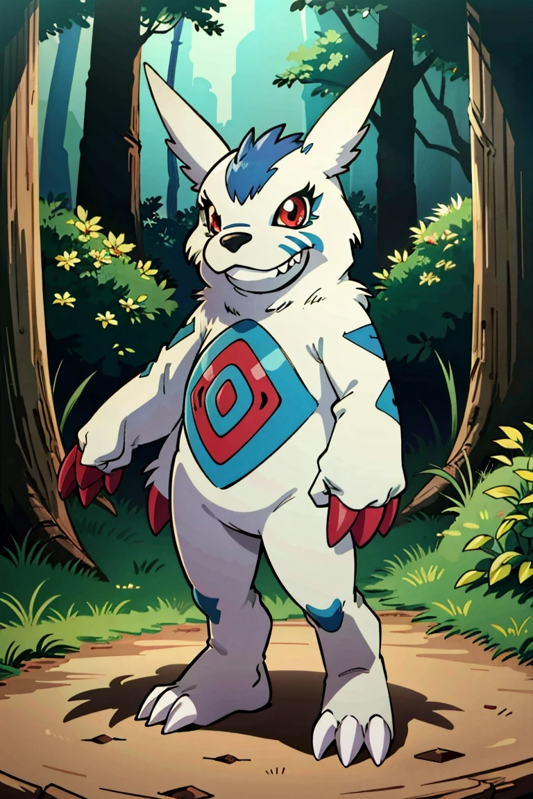 masterpiece, best quality, SFW, (safe for work),Agumon, solo, claws, creature, full body, red eyes, sharp teeth, solo, standing, digimon \(creature\), looking at viewer, forest background
