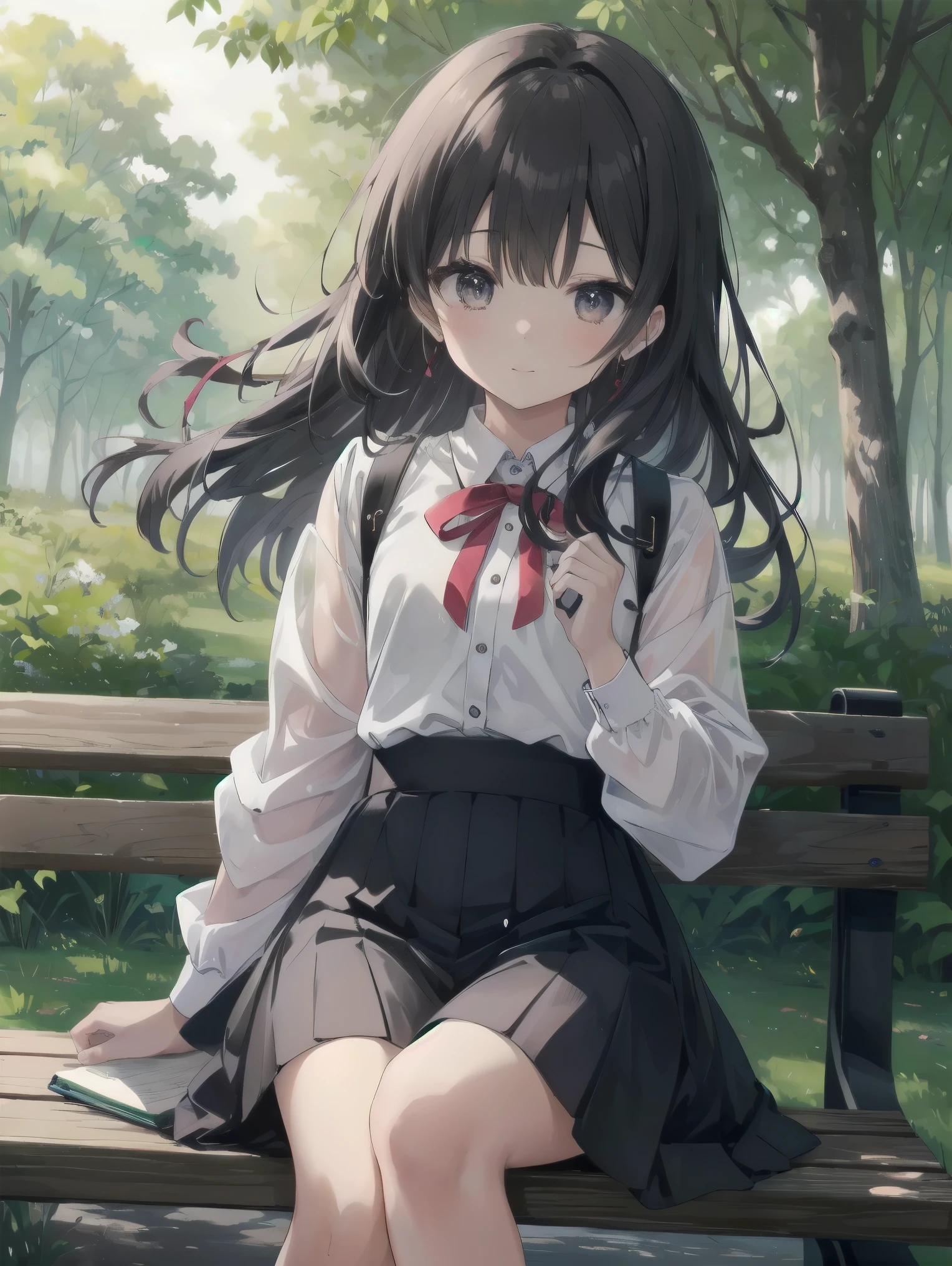 In a lush green park, a beautiful girl, Saori, was sitting on a bench with the sun shining through the trees. Her translucent eyes were sunken in deep contemplation, and in her hand was an old map and a notebook filled with scribbles.Her long, glossy black hair danced in the wind, her light red ribbons twirling in the wind. Saori, have you found any clues yet?" Yosuke, a childhood friend sitting next to her, asked anxiously, "Saori, have you found any clues yet? Saori smiled, closed her notebook, and said, "Yes, I'm almost done. But we may need to take extrajudicial measures in the future. I reply. Her eyes sparkle as if she is enjoying the challenge.
