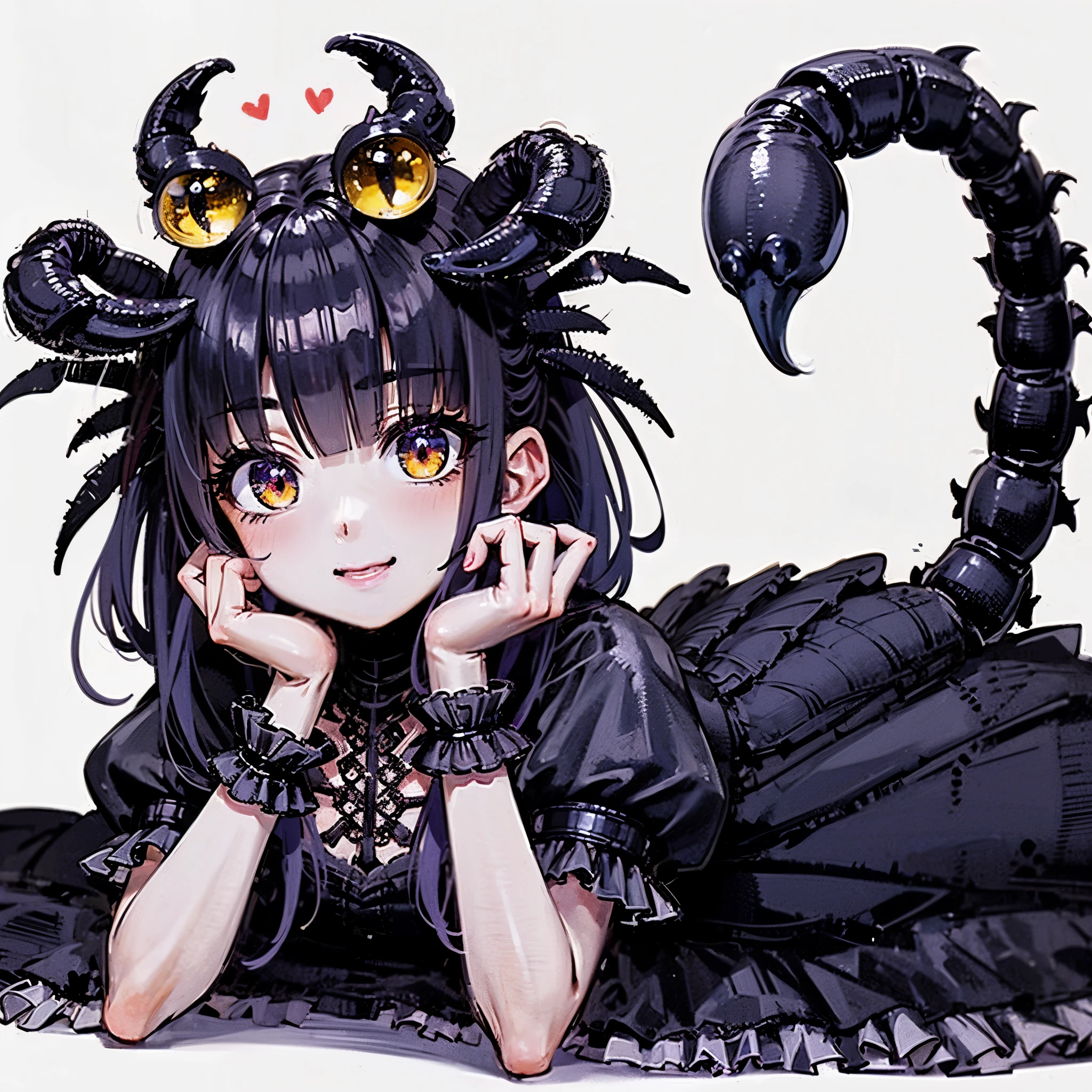 A girl with a scorpion tail. She's wearing a gothic dress. Her one hand becomes a scorpion's claw. She has yellow eyes hair ornament in her hair. mucus. Relaxing pose.