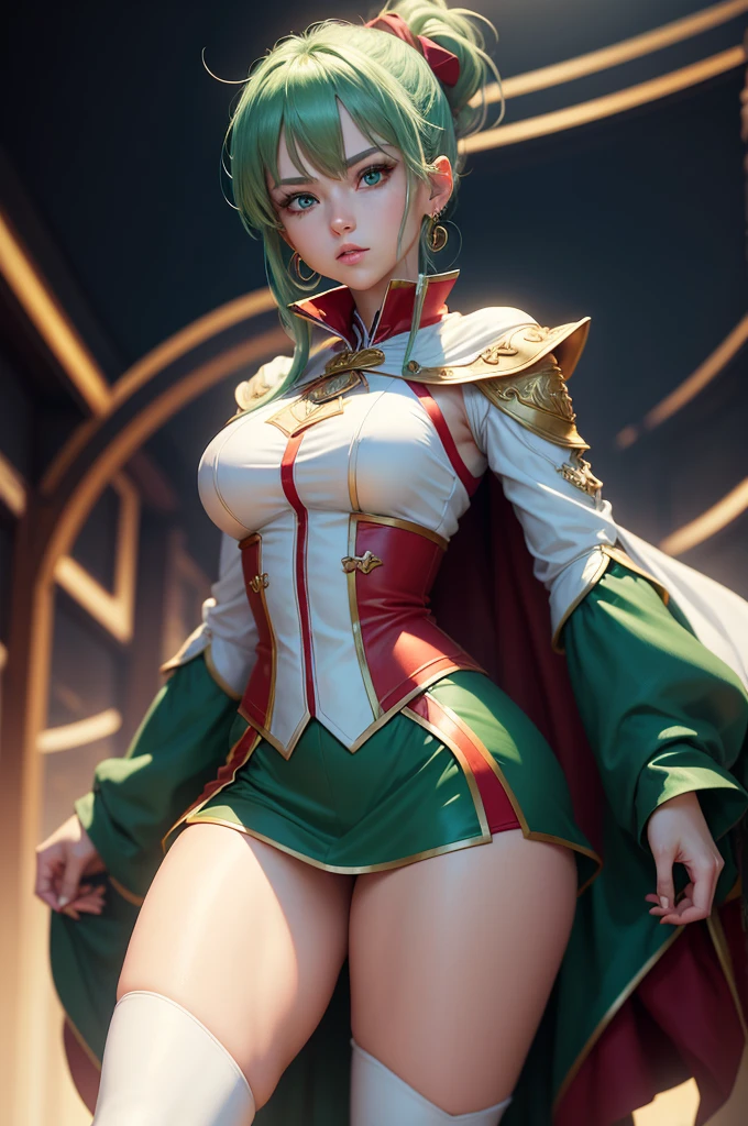 Anime style,(High,Masterpiece:1.2),Ultra-detailed,Realistic:1.37,HDR,Studio lighting,Vivid colors,Sharp focus,Physically based rendering,Extreme detail depiction,Professional,Female character,Blue eyes, green hair, (((red clothes))), side ponytail, golden triangular earrings, white cape covering the bust, long white boots, a magician, gentle, detailed, 8k, high quality, dynamic light effects, medieval background, (Thick thighs:1.2)