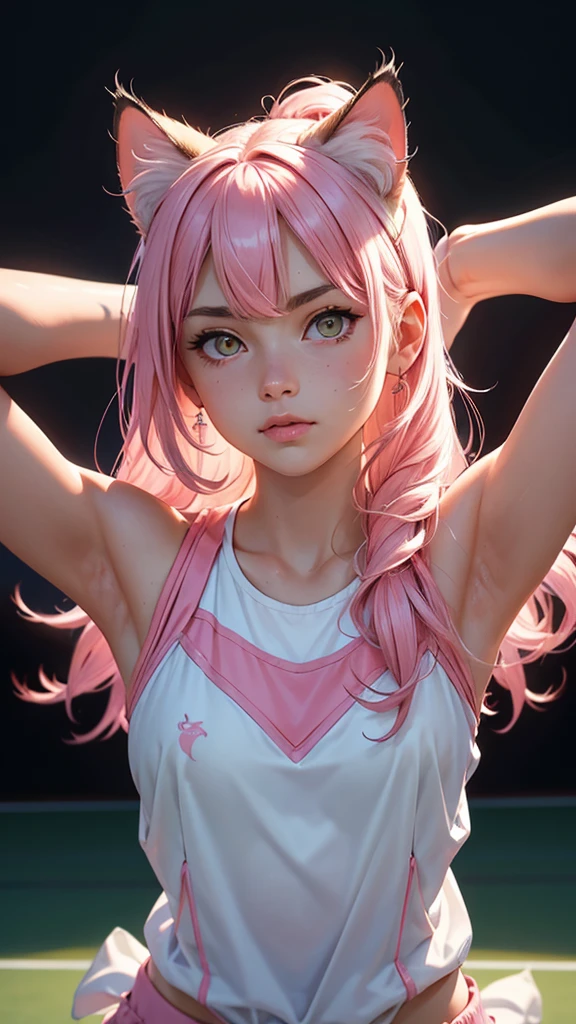 (high resolution, upper body, soft skin:1.2),(best illustration,masterpiece:1.2),ultra-detailed,[(cat ears ,pink inside:1.2),vivid colors,sharp focus,portrait,studio lighting,bokeh, wearing a tennis uniform, tennis courts background, arms behind head