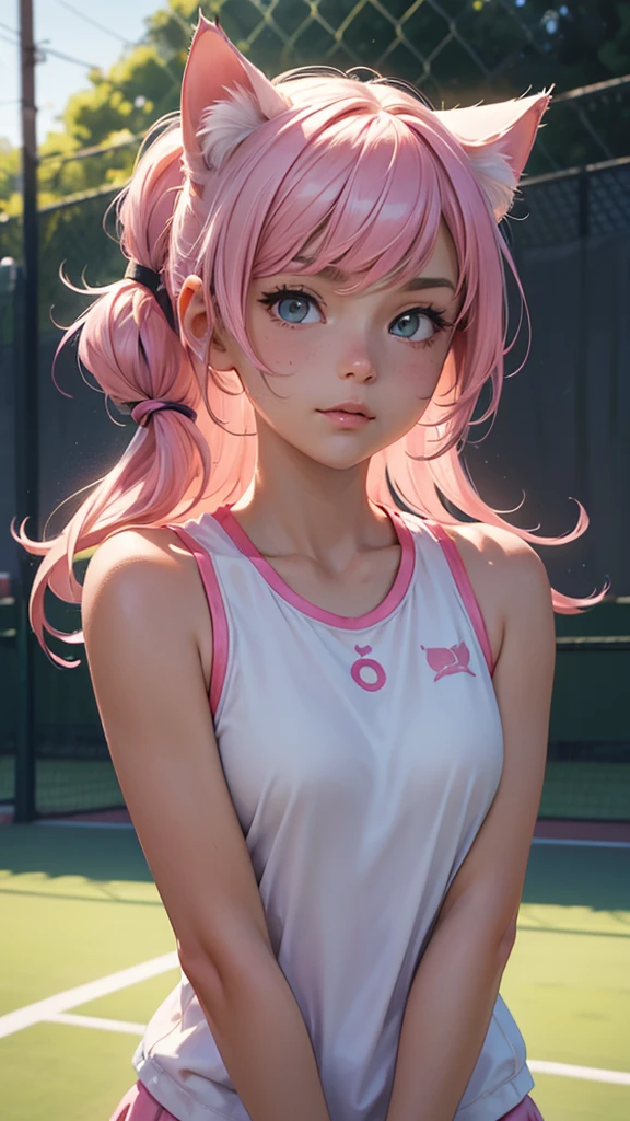 (high resolution, upper body, soft skin:1.2),(best illustration,masterpiece:1.2),ultra-detailed,[(cat ears ,pink inside:1.2),vivid colors,sharp focus,portrait,studio lighting,bokeh, wearing a tennis uniform, tennis courts background, arms behind head