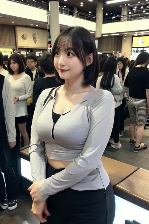 In the crowd、In the crowd、Japanese women、30 years old、Grey long sleeve、(length, Tight shirt:1.2)、(Tops that accentuate the curves of your bust、expensive、Center of chest:1.4)、Wearing black chinos、Wear sneakers、(Black Hair、Slightly wavy bob)、Small Beauty、(thin:1.4)